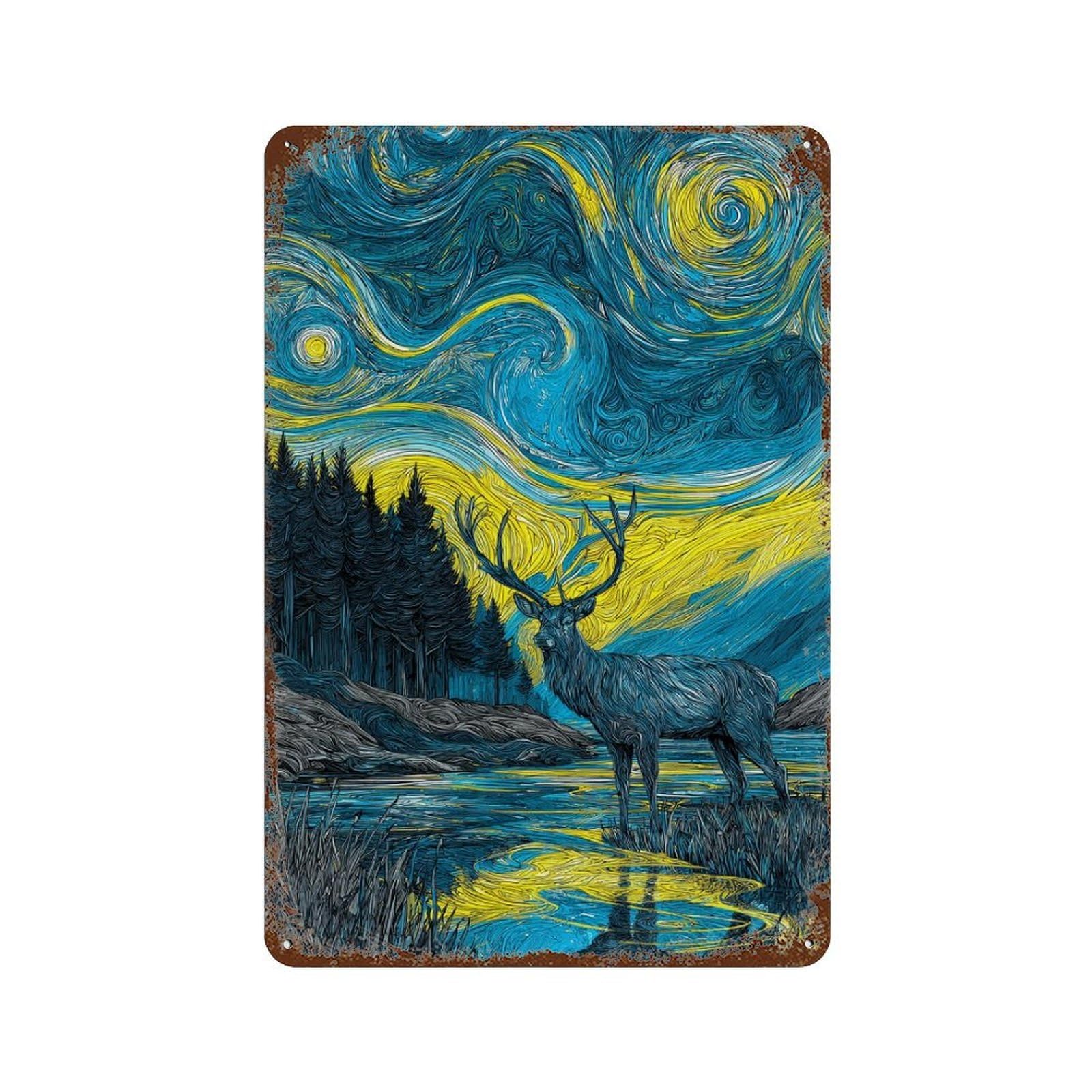 Starry Night Deer Reflections 11.8"x7.9" Vintage Rust Metal Sign, Decorative Metal Wall Art for Bistro, Counter And Cafe Decor