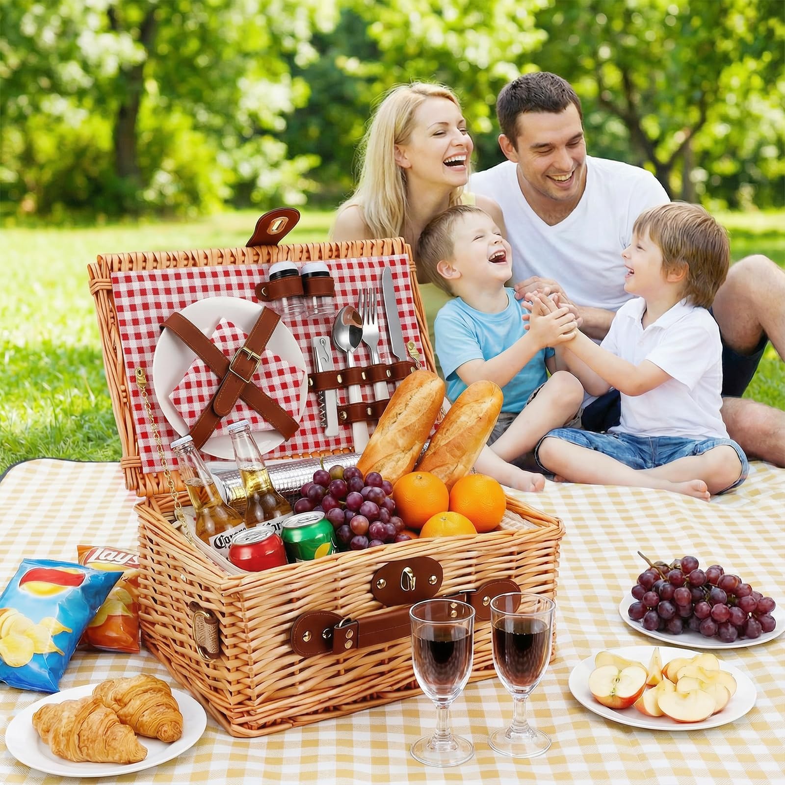 Wicker Picnic Basket Cestino da Picnic in Vimini per 2 Persone – Set Picnic con Vano Isotermico, Piatti, Posate, Bicchieri da Vino, Cavatappi – Perfetto per Spiaggia, Campagna, Parco & Regalo BBQ
