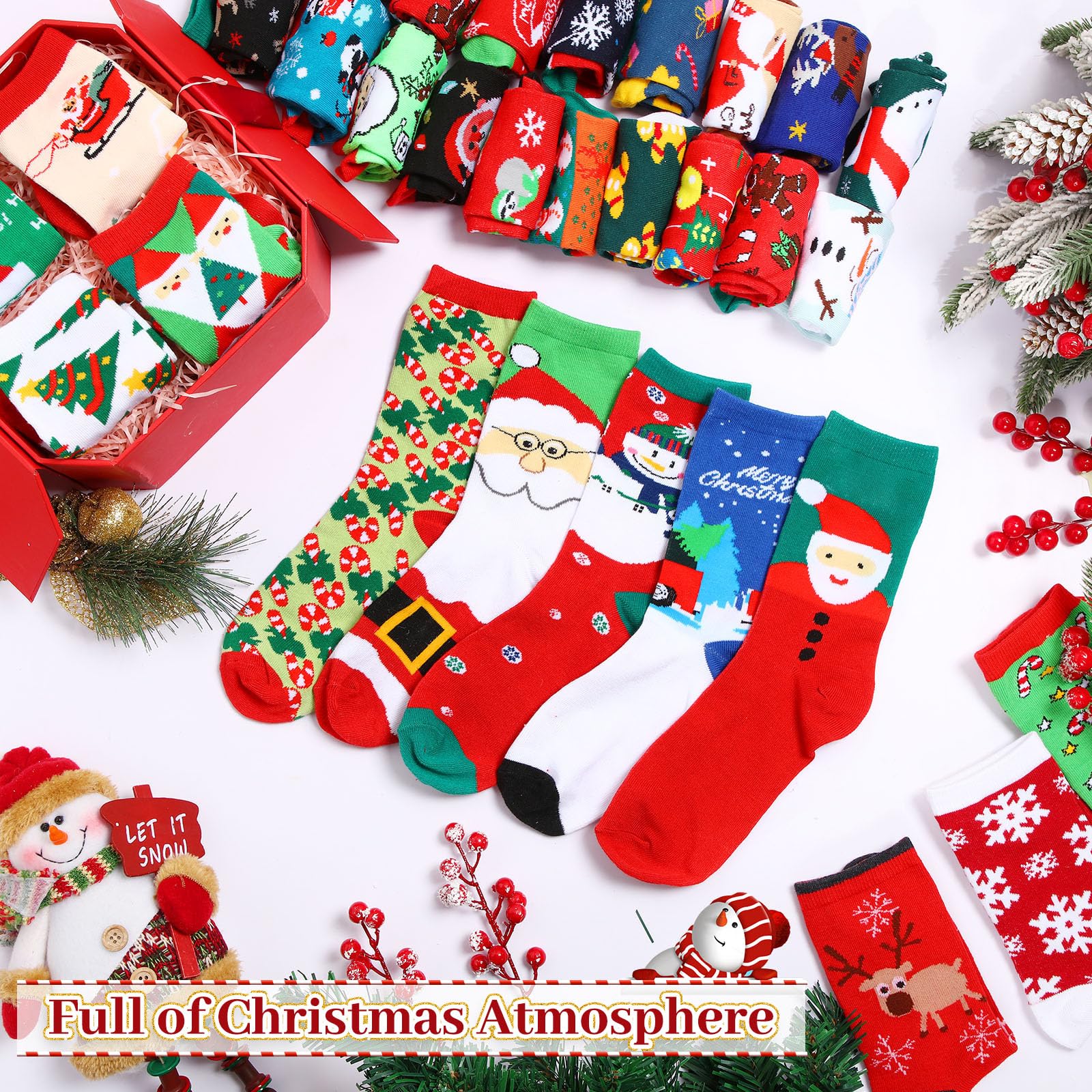 Handepo 24 Paar warme weiche Weihnachtssocken Xmas Crew Urlaub Socken Bunte Festliche Socken für Jugendliche Frauen Neuheit
