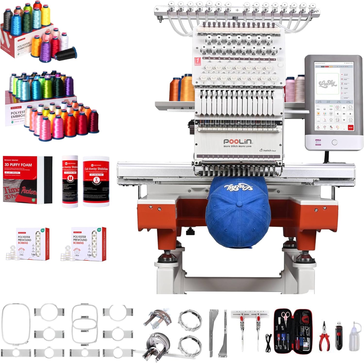 Poolin EOX 15-Needle Commercial Embroidery Machine | Starter Cap Embroidery Bundle – Includes 15-Color Thread Kit, 144 Pre-Wound Bobbins & 3D Puff Foam