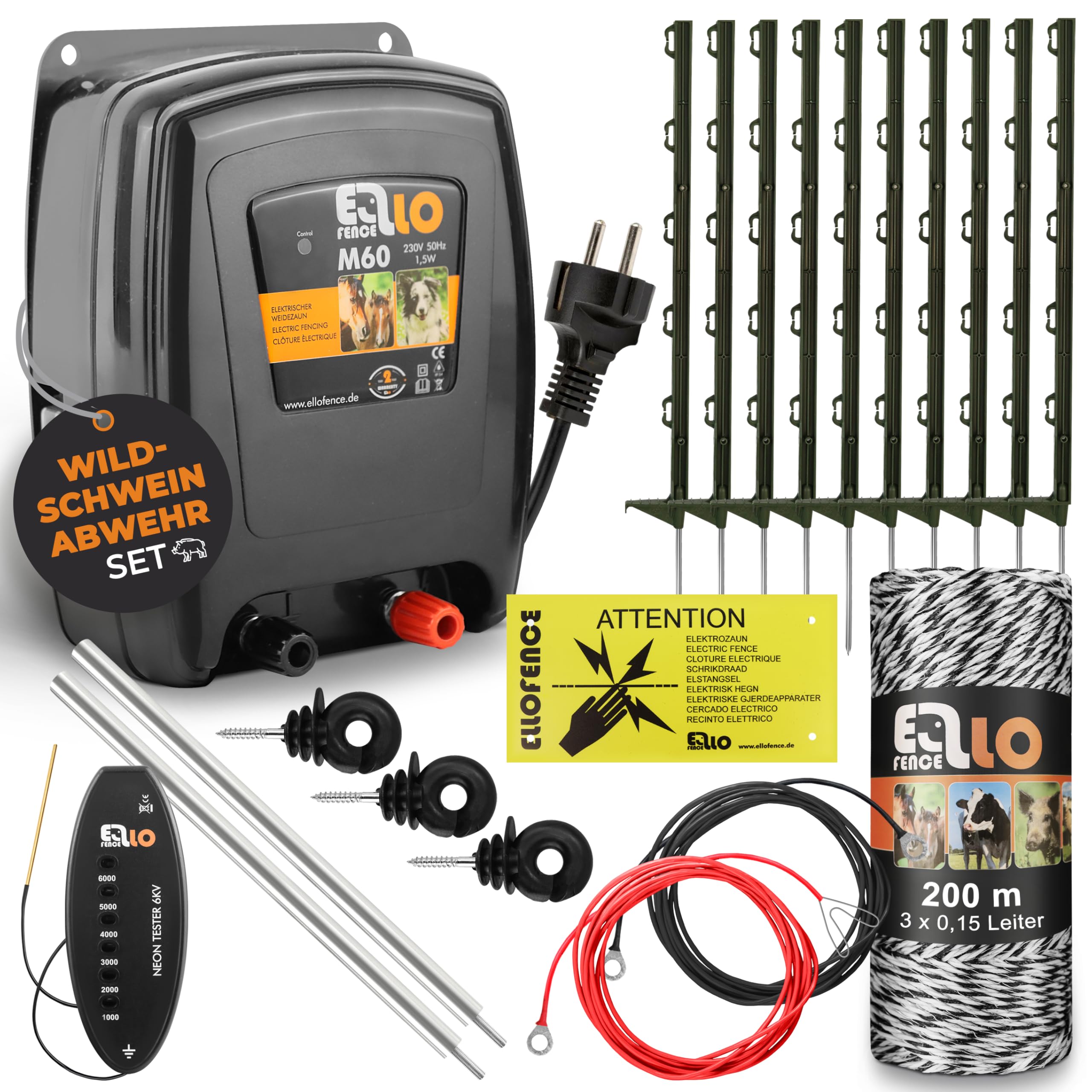 Wildschweinabwehr Set 50m | Wildschweinschutz durch Stormzaun | ALL-IN-ONE Set | Starkes 230V Weidezaungerät, 200m Litze, 10 Pfähle, 25 Ringisolatoren, Erdung, LED Prüfer & Warnschild