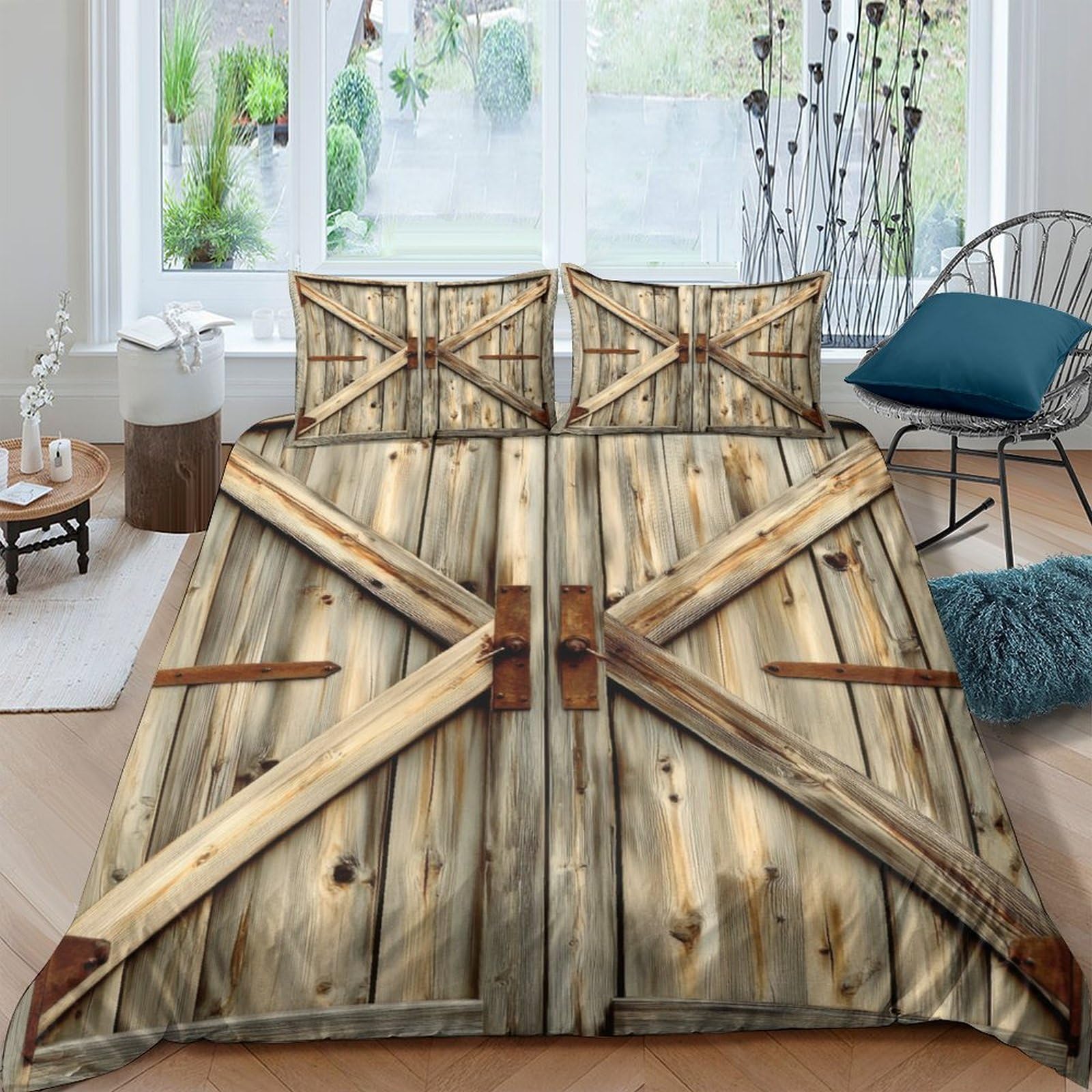 Ctjqhvkz Style-10 3D Printed Rustic Barn Door Fitted Sheet Microfiber Soft Breathable Wooden Plank Bed Cover For Bedroom Guest Room Decor Single（135X200cm）