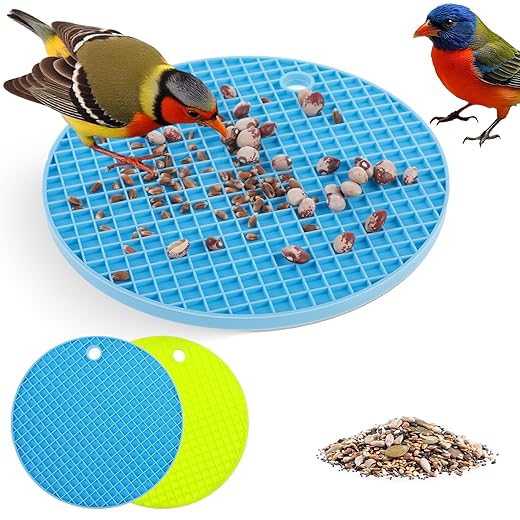 2Pcs Bird Foraging Toys,Foraging Mat,Forage Toys for Birds Small African Grey Parrot Toy to Increase Feeding Time Silicone Slow Feeder Mats for Parakeets Cockatiel Conure Budgies(Blue & Green)