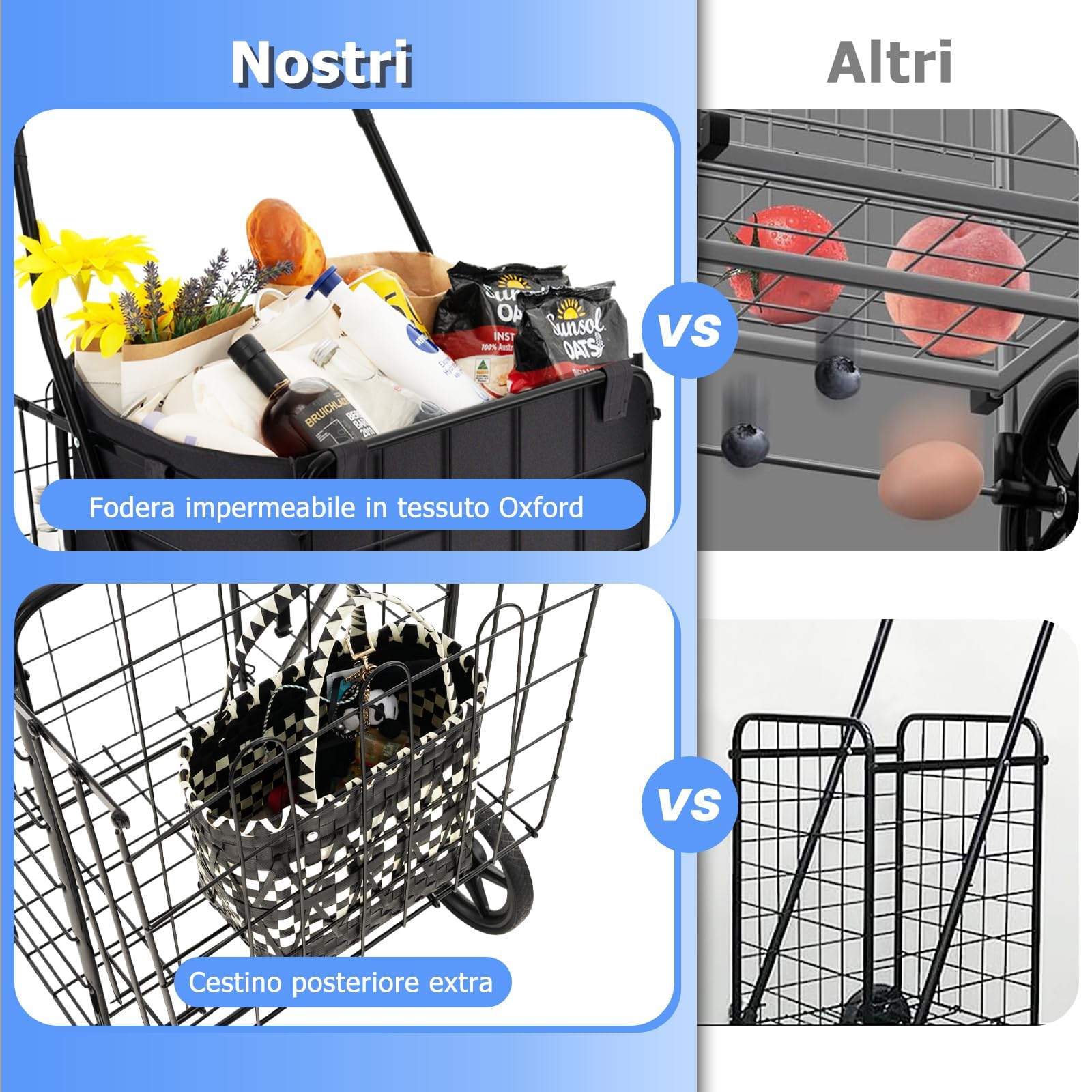 GYMAX Carrello Porta Spesa con Borsa, Carico 40 kg, 100 L + 22 L, 4 Ruote (2 Ruote Universali), Trolley Pieghevole in Metallo, 61 x 60 x 102 cm, Nero