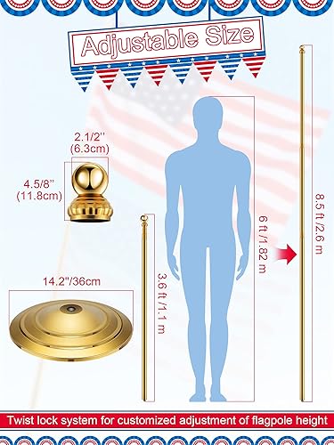 Miniatura 3 de Threan 6 barras de bandera telescópicas para interiores de 8.53 pies con base y parte superior de bola, asta de bandera para interiores con soporte