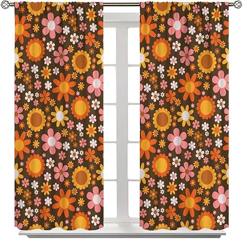 Miniatura 8 de Cortinas florales hippie de los años 70, diseño retro naranja y rosa, tratamiento de ventana para sala de estar, dormitorio, cocina, decoración de