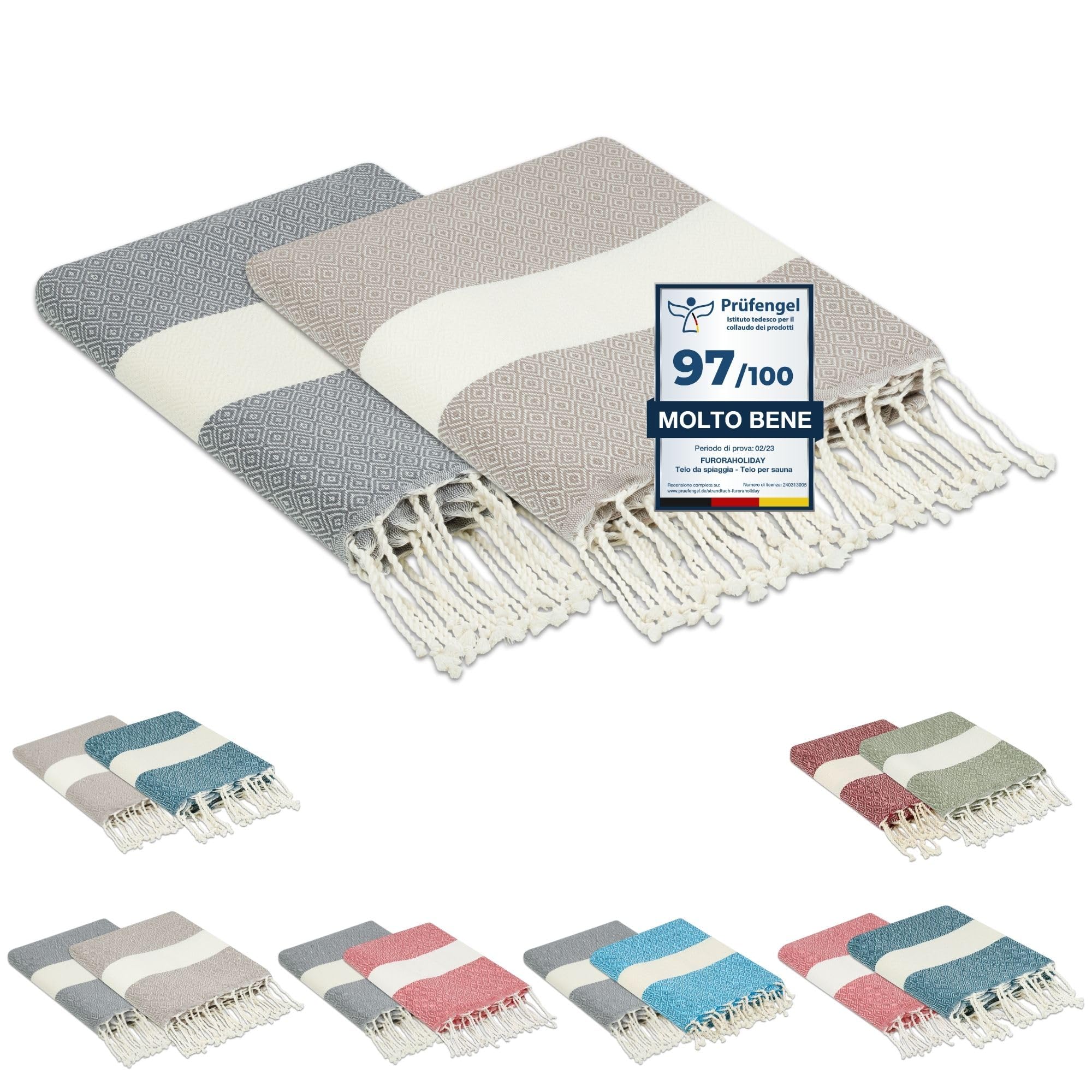 furora HOLIDAY Telo Mare (2 pezzi) Grande, cotone 100x200 cm | Telo Spiaggia antisabbia | Asciugamano Mare Fouta, frange e angoli, Pareo Donna Uomo Ragazzi | Pic Nic Beach Towel Coperta, lungo leggero