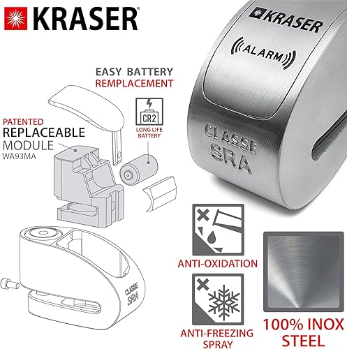 Miniatura 7 de KRASER KR10S - Alarma de bloqueo de disco de motocicleta aprobada 120dB ON/OFF, acero inoxidable, bloqueo de freno de disco de alta seguridad
