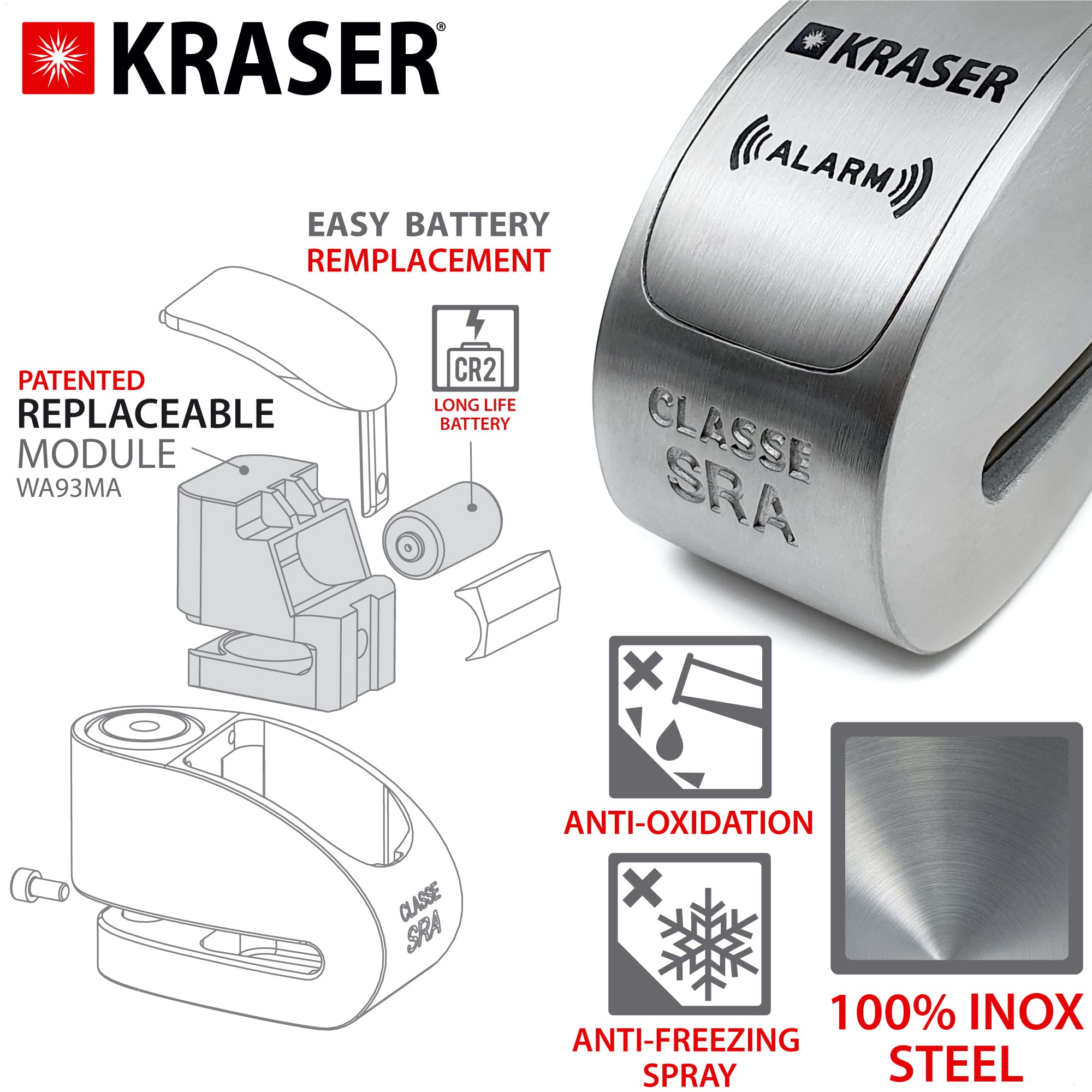 KRASER KR10S Blocaddisco Moto con Allarme 120dB, Doppia Chiusura ø10mm, Omologato SRA, Serratura Alta Sicurezza Antistrappo, Impermeabile, Filo Promemoria, Lucchetto Antifurto per Moto Blocca Disco