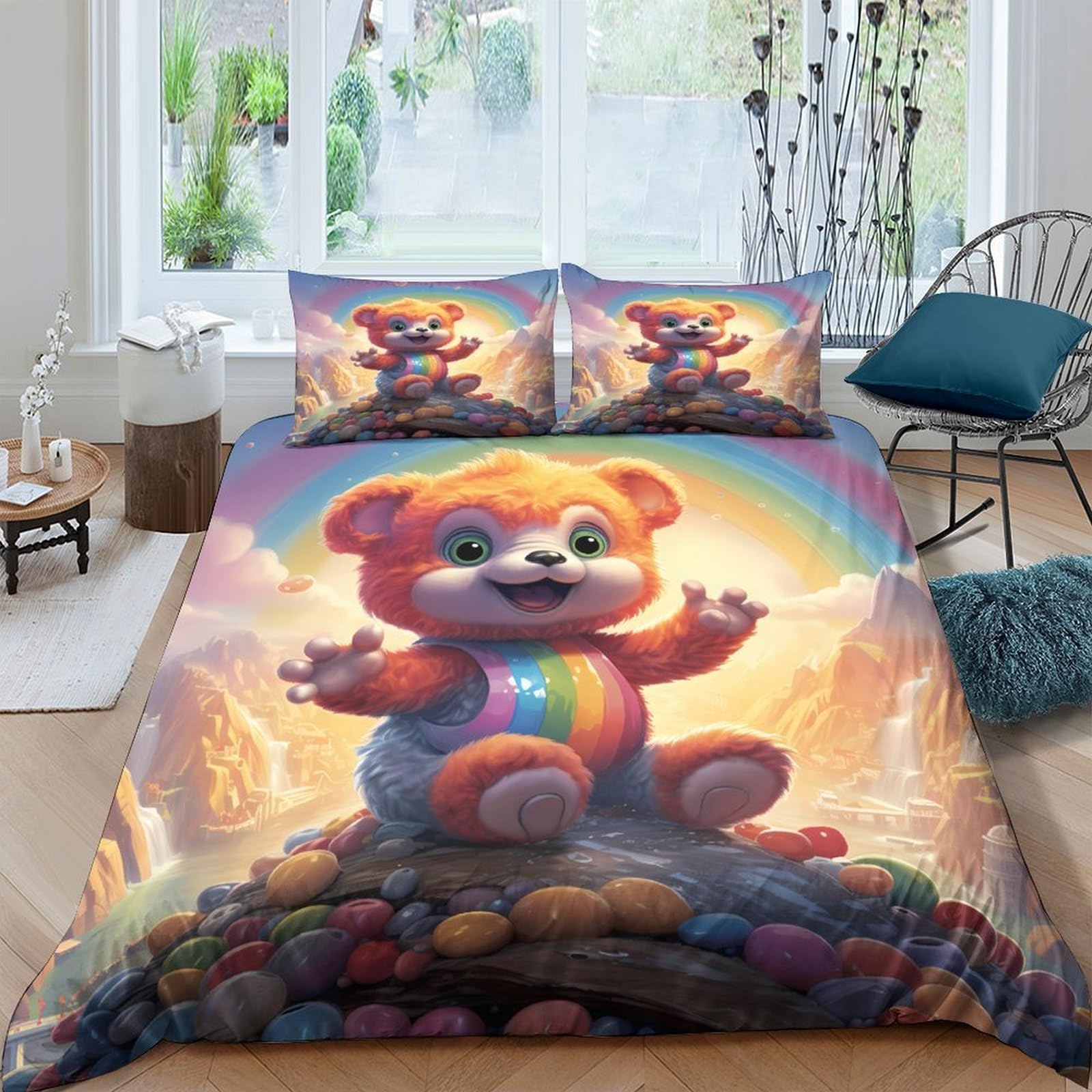 Ctjqhvkz Style-10 3D Printed Rainbow Teddy Bear Fitted Sheet Microfiber Soft Cartoon Mattress Cover Anti-Slip Machine Washable For Bedroom Decor Single（135X200cm）