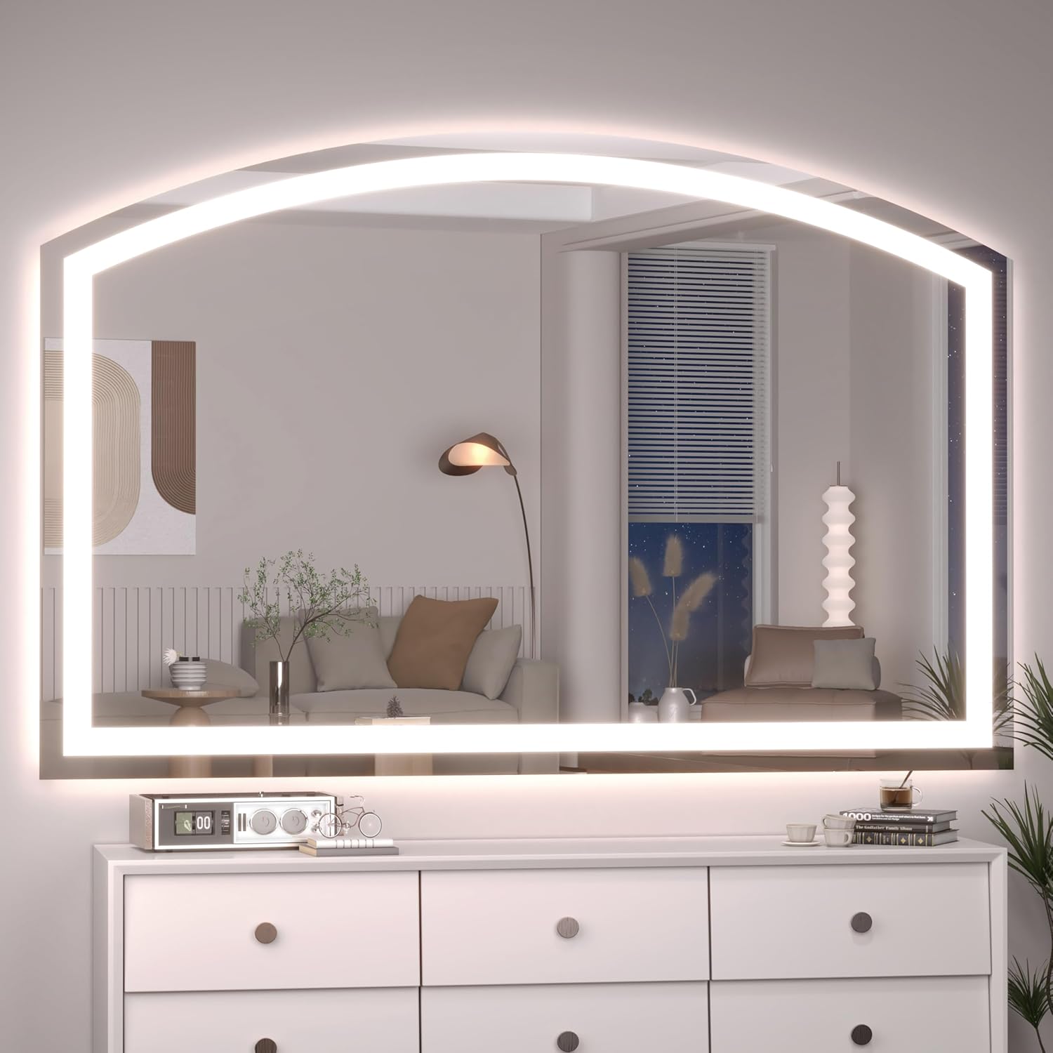 Hasipu 55" x 36" LED Bathroom Mirror Arch Vanity Mirror with Lights Frontlit Smart Touch Sensor Dimmable 3 Colors Temperature Shatterproof Wall-Mounted Vanity Mirror Metal Frame