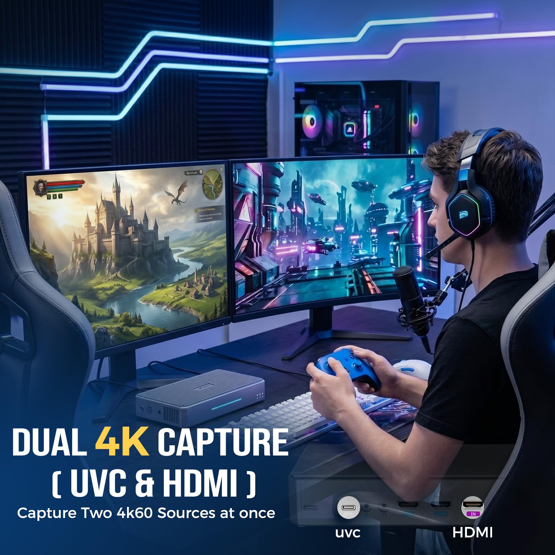 RGBlink streamZ - Tarjeta de captura de video alimentada por IA para transmisión, captura y grabación dual 4K60, tarjeta de captura de juegos USB-C 3.0 de baja latencia para PS5, Xbox, Switch, OBS