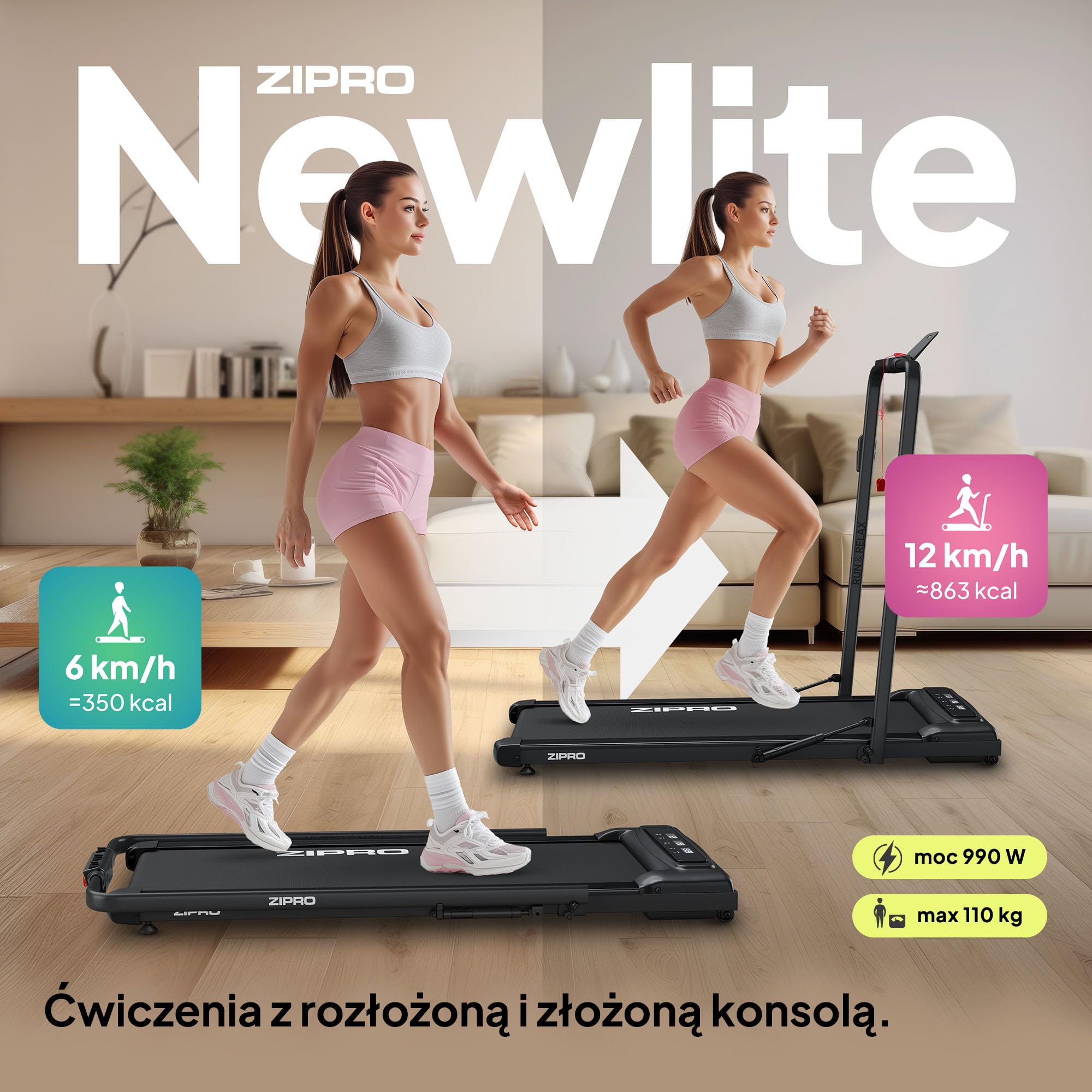 ZIPRO Newlite Bieżnia Elektryczna Składana, WalkingPad, Dwa Tryby Pracy, Składana Konstrukcja FlatFold, Prędkość 1-10 km/h, Waga Użytkownika do 110 kg, Amortyzacja Easy Walk, Wyświetlacz LED