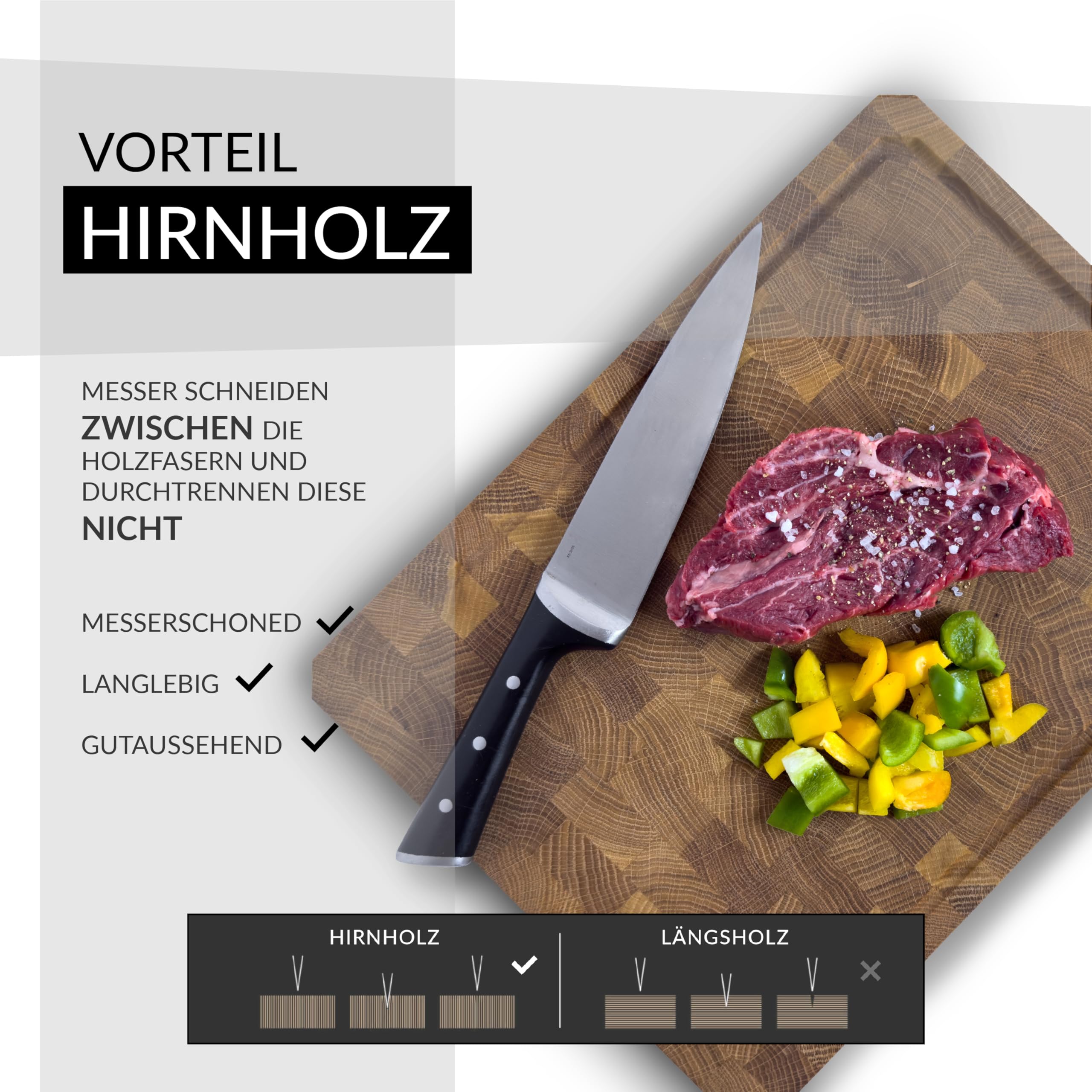 MADE IN GERMANY - KHYL® Das schräge Schneidebrett - Echtholz EICHE- 40x30x4 cm extra groß- Hirnholz Stirnholz - Extra dick, massiv – Hackbrett – Hackblock – Butcherblock