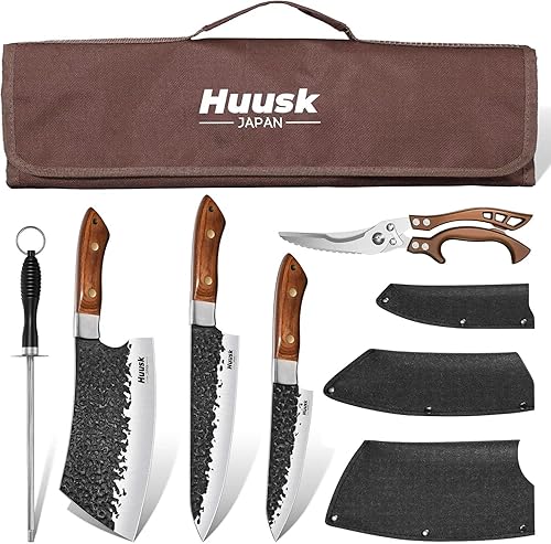 Huusk Juego de Cuchillos de Chef de 5 Piezas - Cuchilla de Carnicero Forjada a Mano y Cuchillo de Chef Vikingo y Cuchillos Utilitarios, Juego de