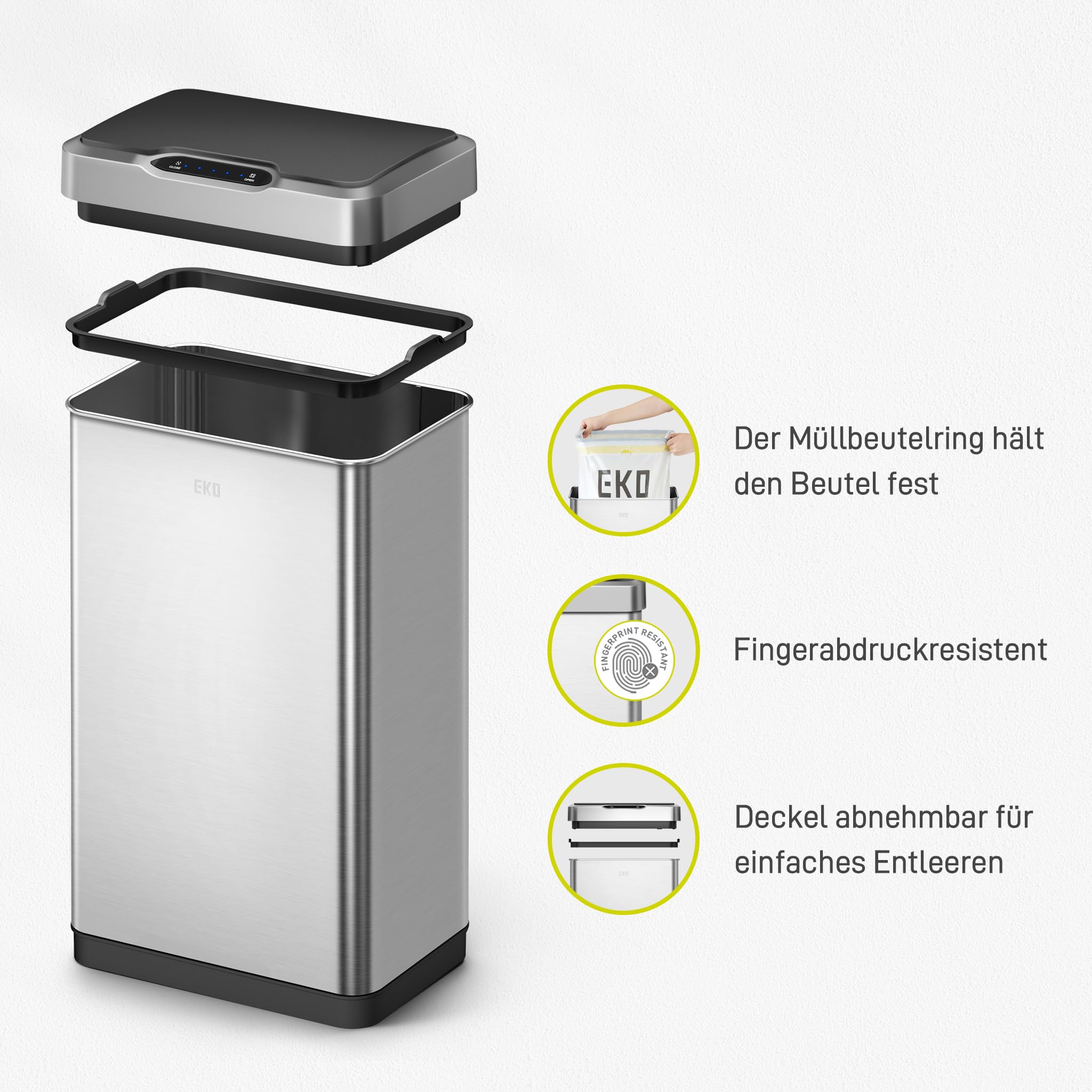 EKO Mirage-T 50L Mülleimer mit Sensor, Automatischer Abfalleimer für die Küche, Rechteckiger Bewegungssensor Mülleimer, Sanft Schließend mit Deckel, Fingerabdruckresistente, Gebürsteter Edelstahl