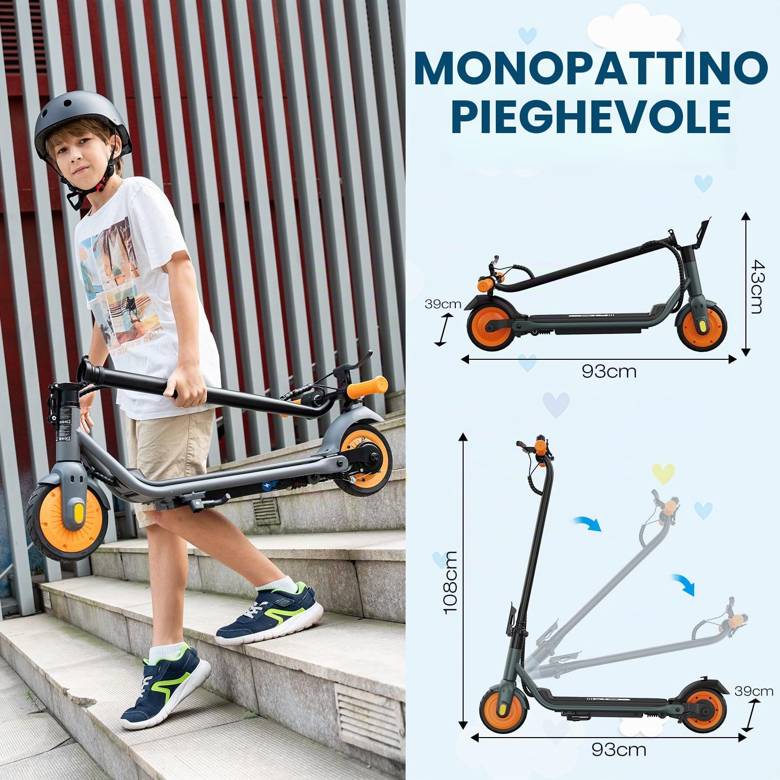 RCB Monopattino Elettrico per Bambini, Mas Portata 15KM,Mas Velocità 15KMH, 7" Pneumatici, con Assorbimento degli Urti, Doppi Freni, Regalo per Bambini dagli 8-12 anni