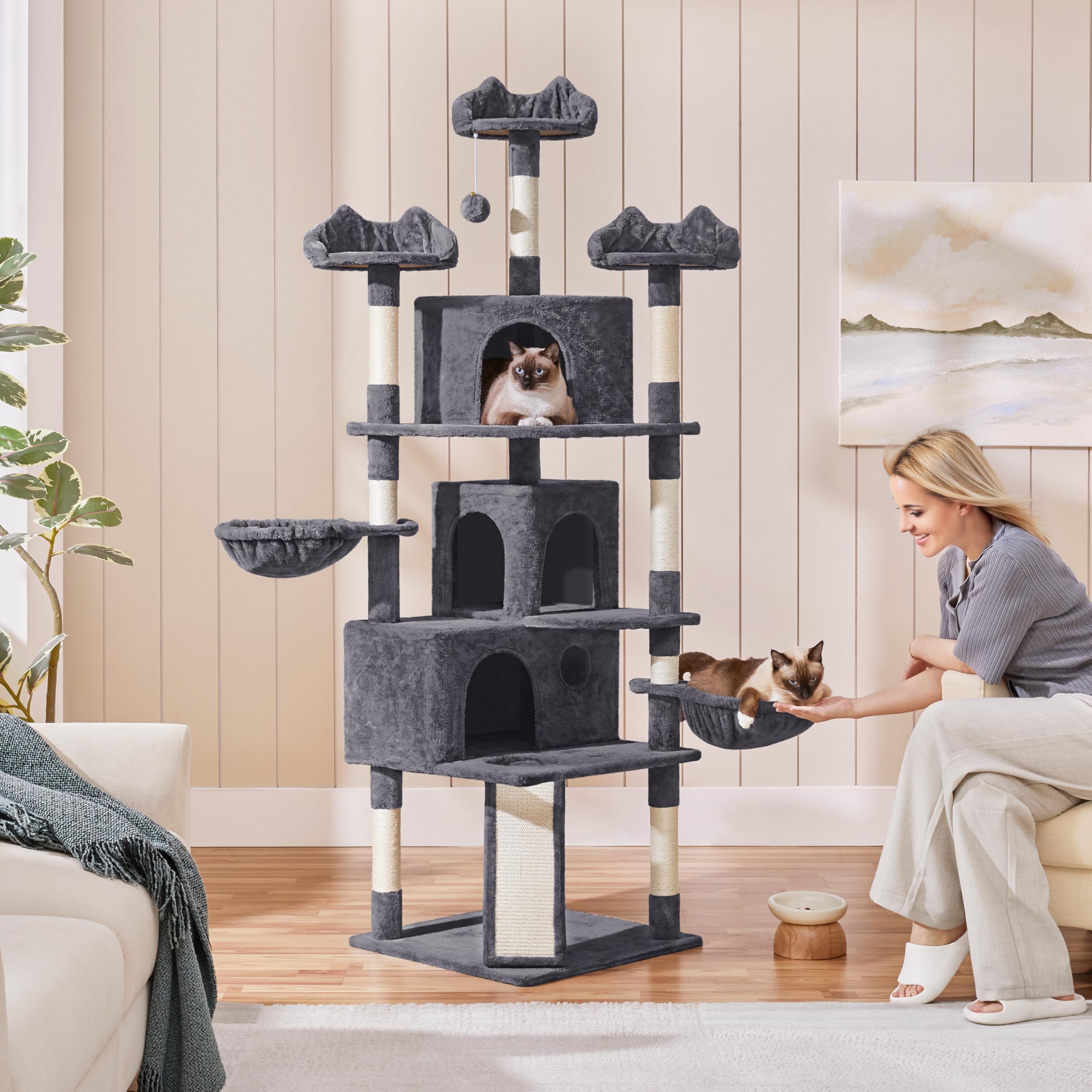 Yaheetech Árbol Rascador para Gatos Torre Escalador para 1-3 Gatos Medianos Rascador Postes con Plataforma 55,5x55,5x194 cm Gris Oscuro