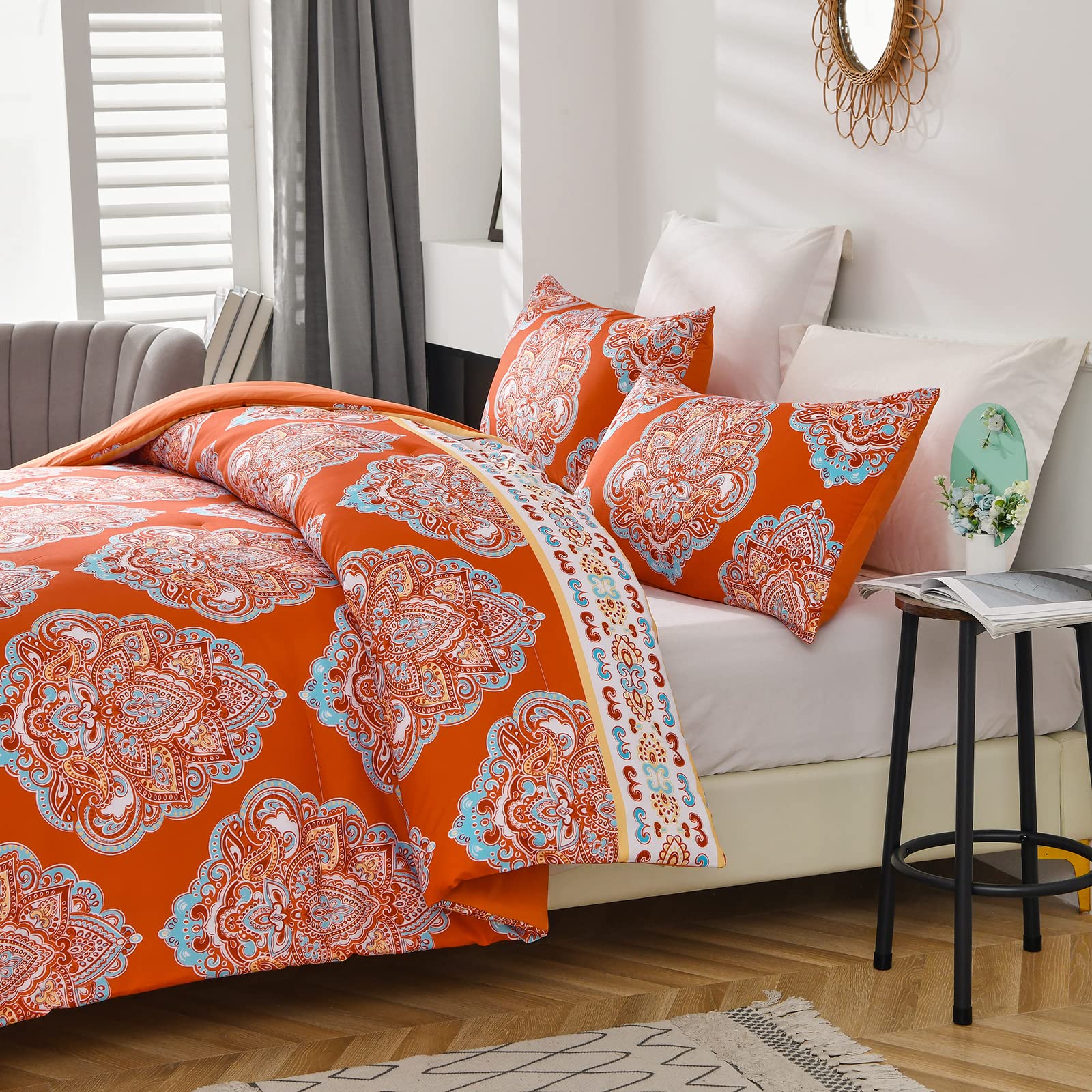 Dinjoy Paisley Comforter Set King (102×90 inches) Terracotta Bedding Comforter Set with 2 Pillowcases Orange Bohemian 3 Pieces Rust Orange Comforter Set with 2 Pillowcases Soft Microfiber Bedding Set