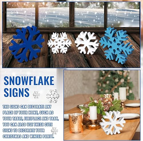 Miniatura 17 de Blulu 4 piezas de copos de nieve de madera de invierno, decoración de mesa, letreros de copo de nieve de Navidad, letreros de madera de invierno