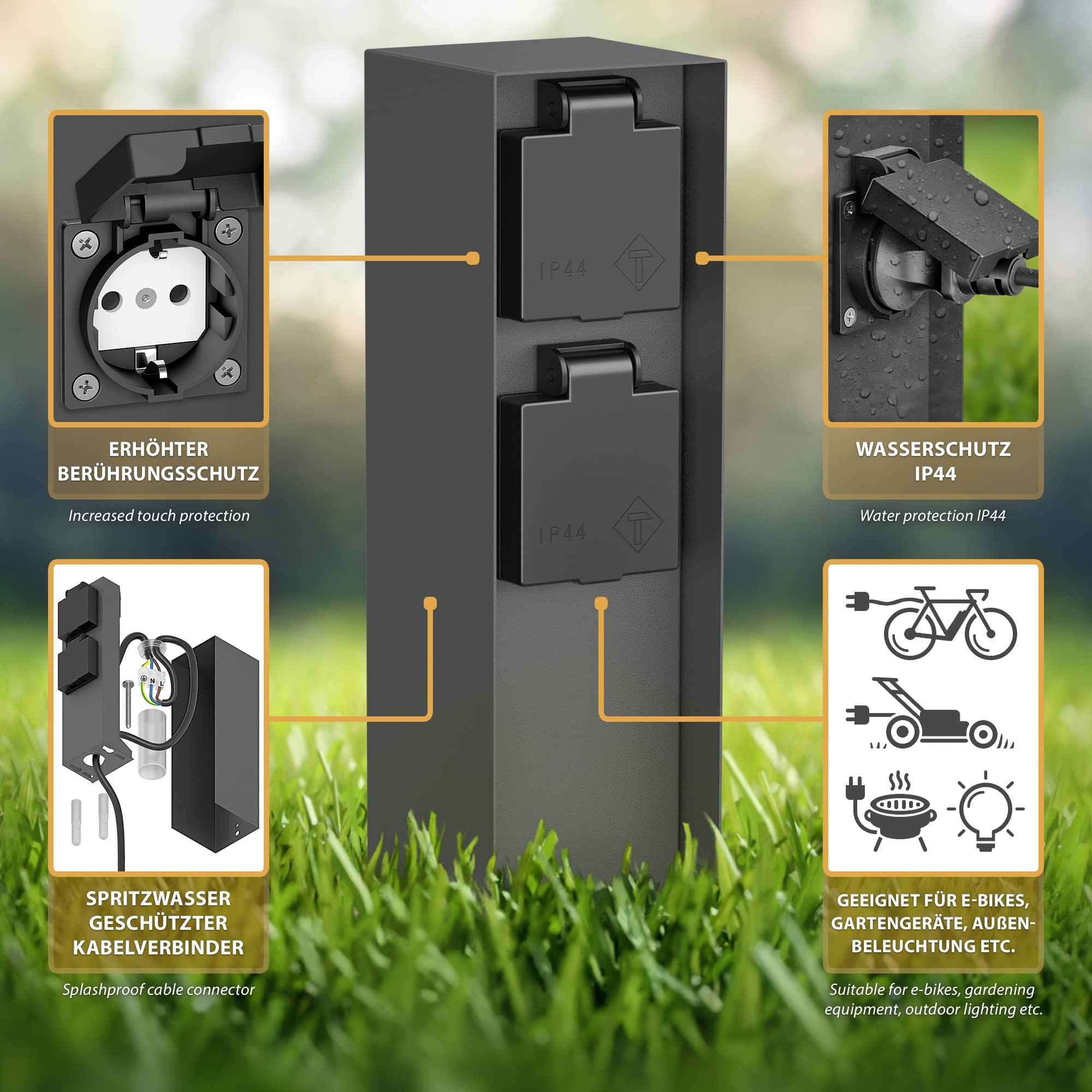 ledscom.de 2 pzas. Toma de jardín Pilar POMI para Exterior, IP44, 2 vías, Acero Inoxidable, Antracita, Cuadrada, 23 cm