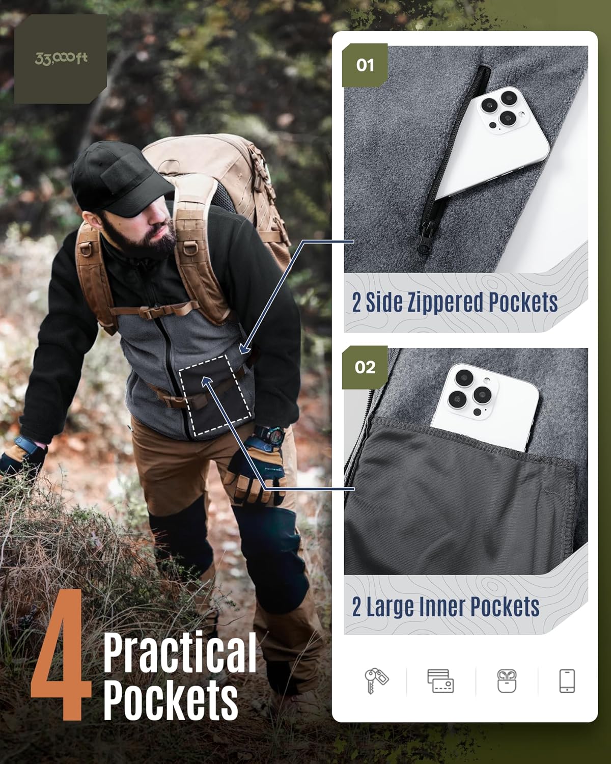 33,000ft Men's Full Zip Fleece Jacket Lightweight Warm Soft Polar Fleece Winter Jacket with Pockets for Casual Hiking Outdoor - Image 6