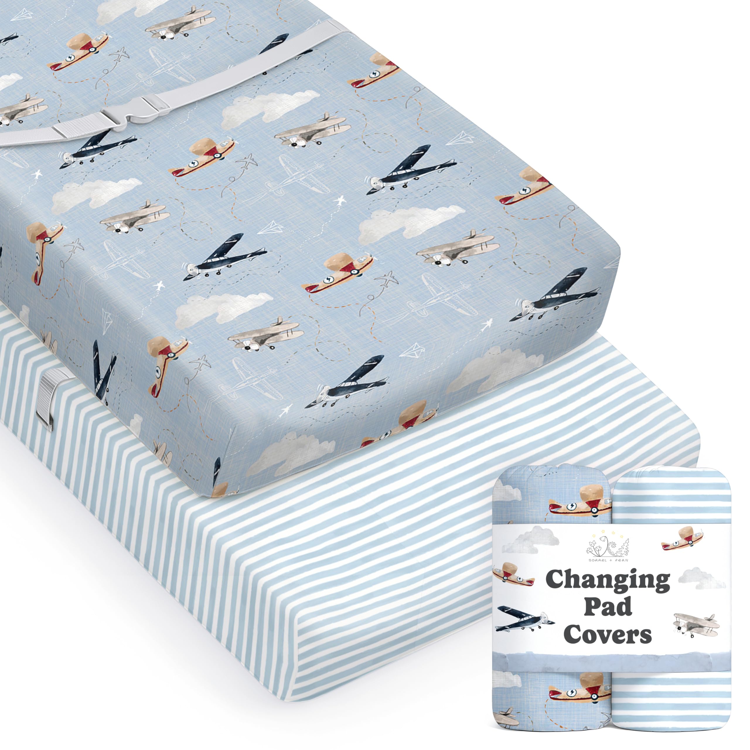 Baby Changing Pad Cover 2-Pack for Boys, Girls (Watercolor Airplanes and Clouds) - Premium Fitted Sheets Baby Diaper Changing Table Cover - Buttery
