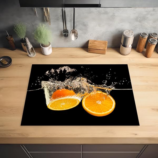 KitchenYeah© Decorative Hob Protection Induction Cover 71 x 52 cm Orange – Still Life – Water – Black – Fruit - 2