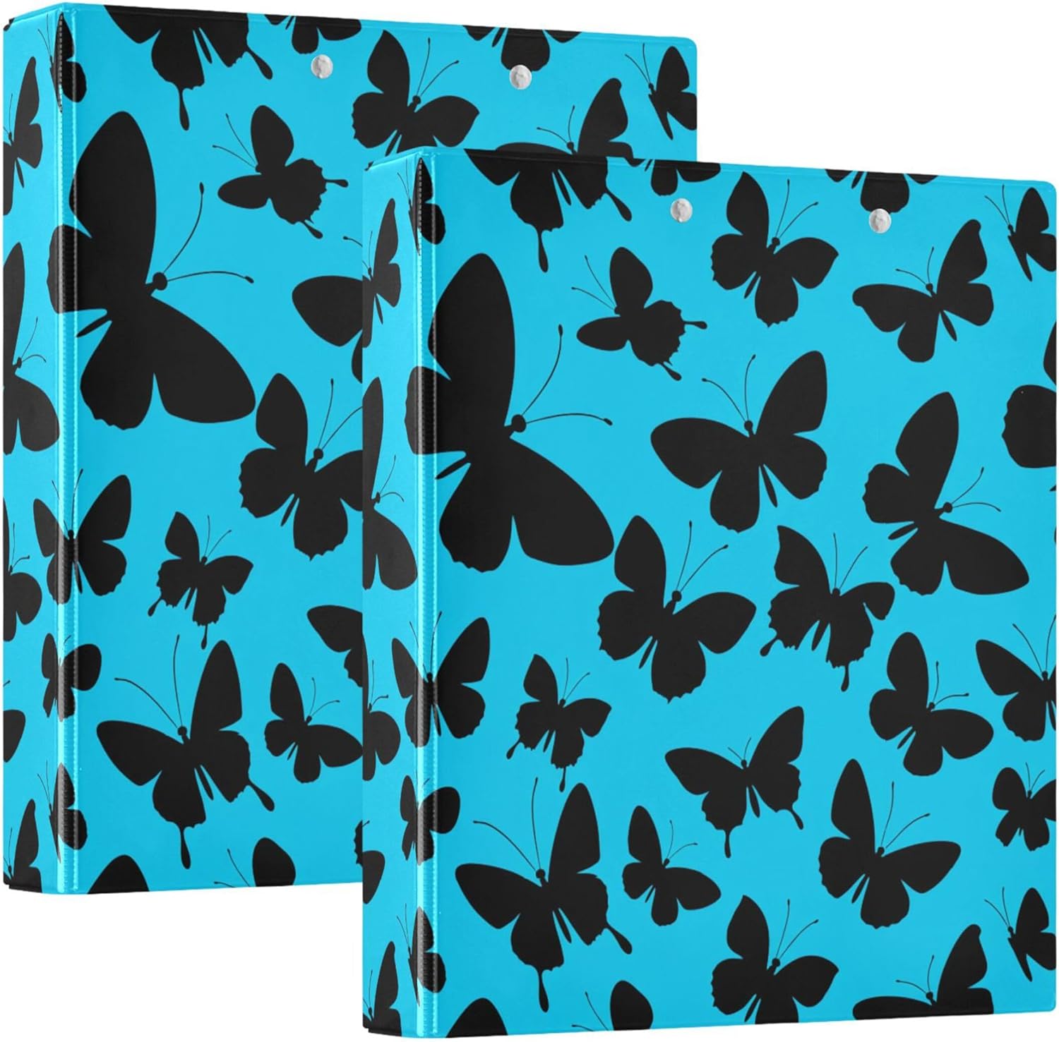 Black Butterfly 3 Ring Binders, 1.5” Round Ring Binders with Clipboard - Letter Size, 3 Interior PVC Clear Pockets & Anti-Slip Clip for Office School Supplies, 2PCS