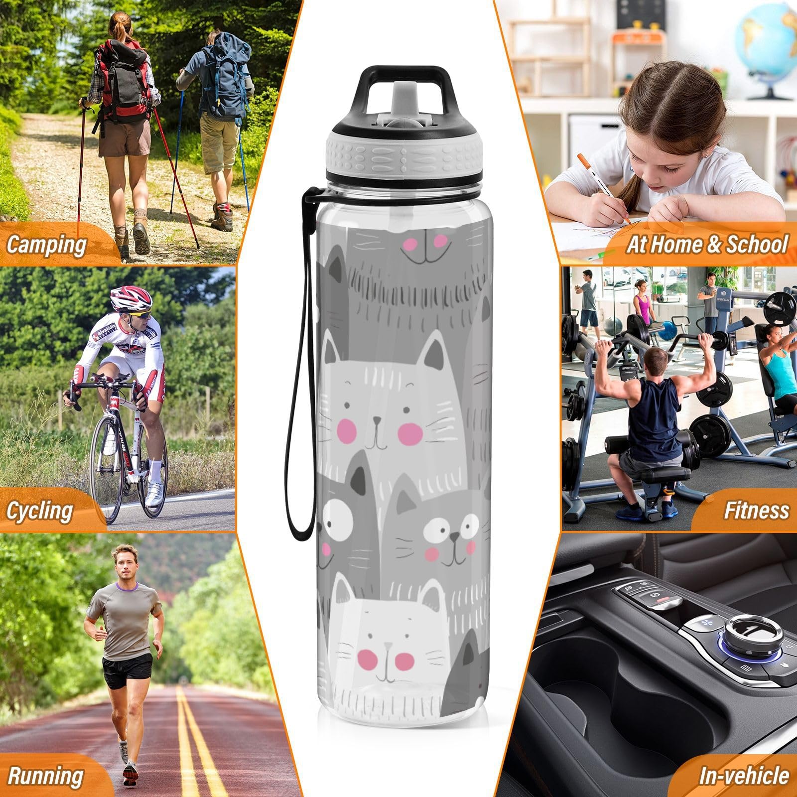 Mnsruu Transparente Sport-Wasserflasche mit Strohhalm, auslaufsichere Trinkflasche, buntes nahtloses Muster, Katzen, Fahrradflaschen für Sport, Büro, Schule, BPA-freier Tritan-Kunststoff, 1 Liter