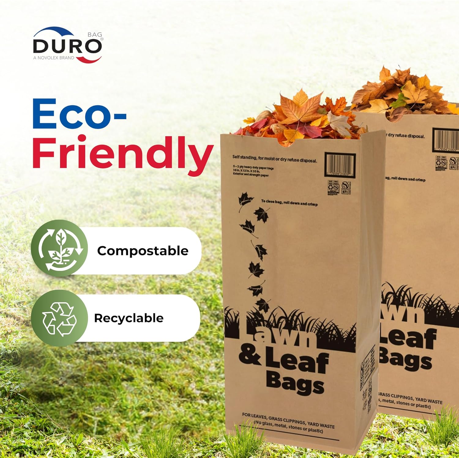 Duro 50# Large 30 Gallon Lawn and Leaf Bags, 2-Ply Brown Paper Yard Waste Bags for Home and Garden Refuse - Pack of 10