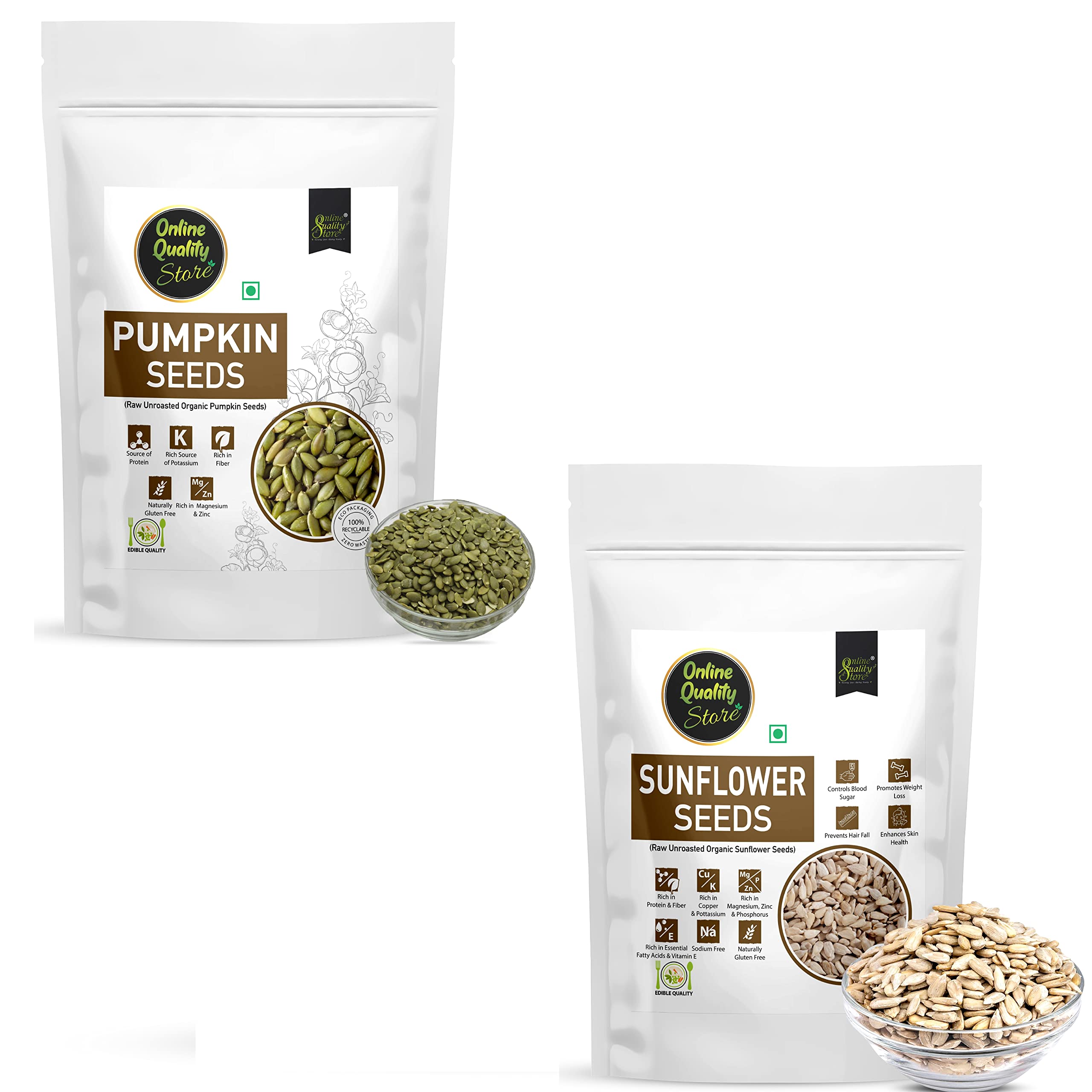 Online Quality Store Organic Combo of Sunflower Seeds, Pumpkin Seeds -200gm Each (2 x 100gm Pack)|Raw Unroasted Sunflower Seeds & Pumpkin Seeds For eating |Protein and Fiber Rich Superfood