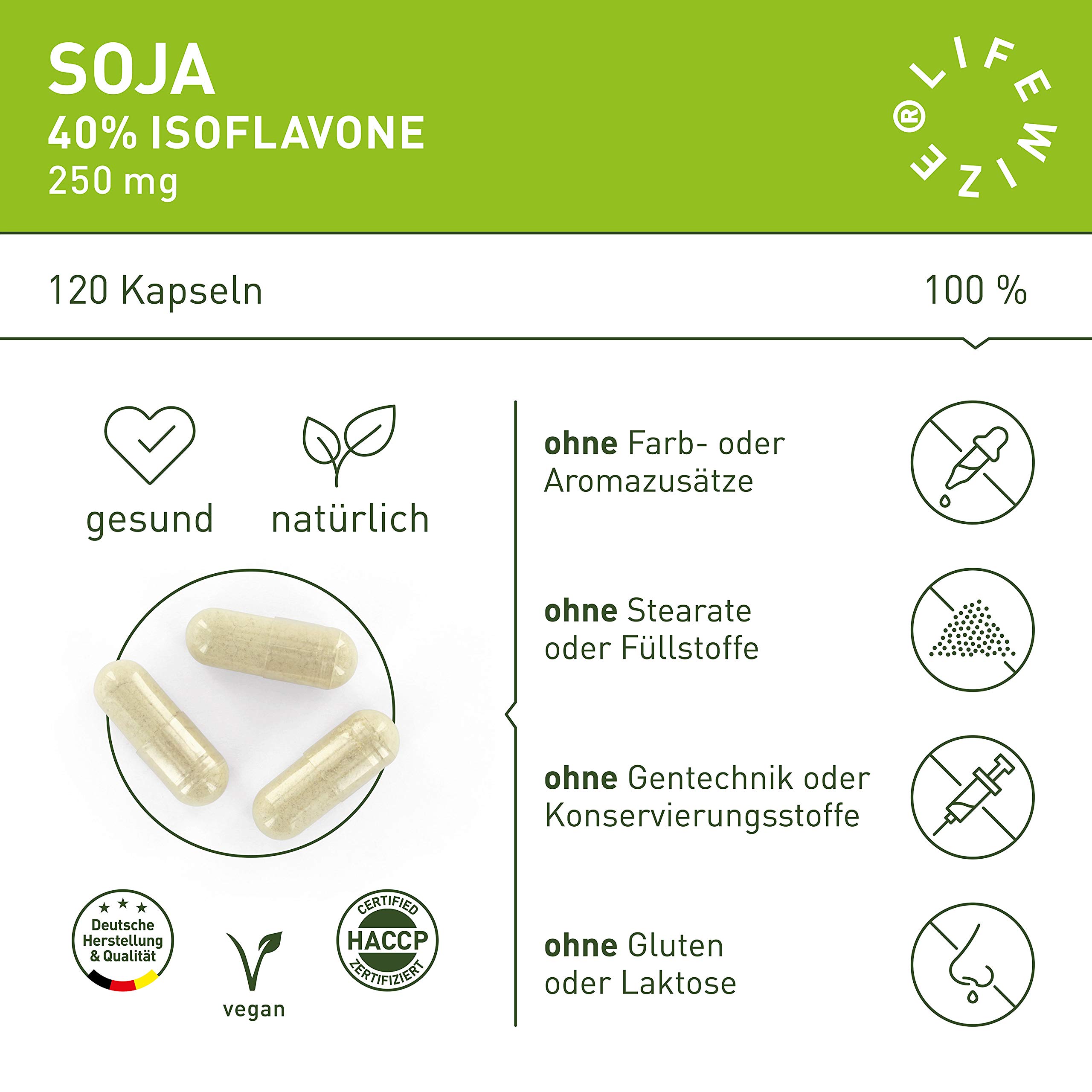 LifeWize® Soja Isoflavon Kapseln - 250mg - Echter Sojabohnen als 30:1 Extrakt mit 40% Isoflavone - 120 Kapseln - Vegan und ohne Zusatzstoffe