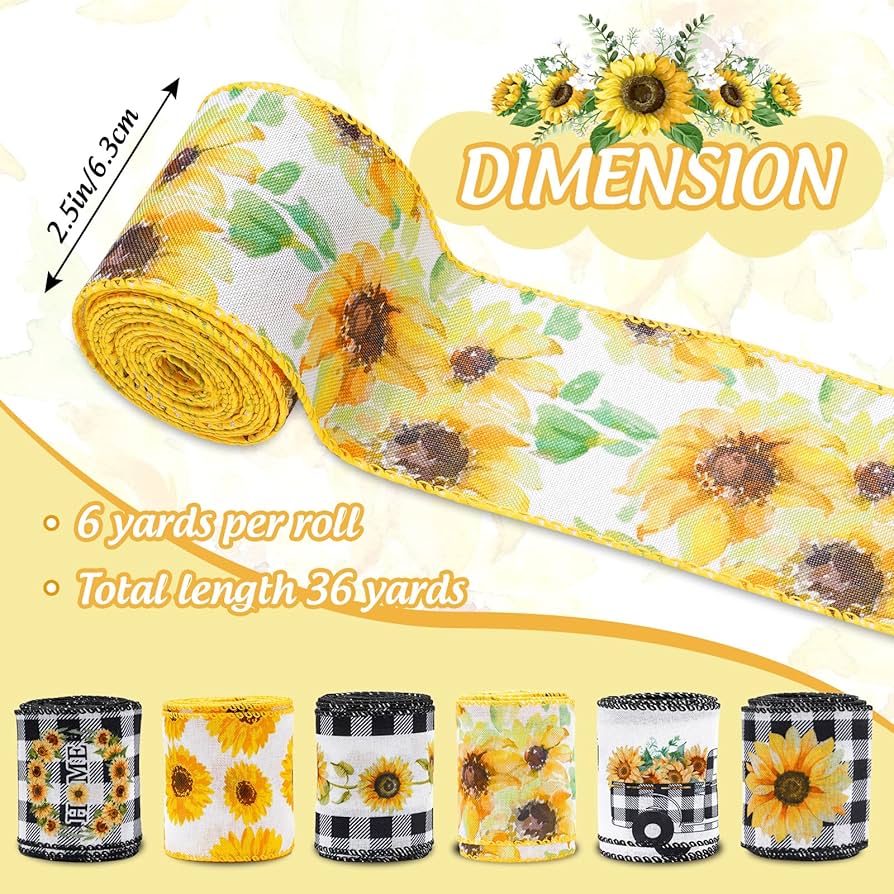 sunflower ribbon品 Amazon.com: Whaline Summer Sunflower Wired Edge Ribbon 10