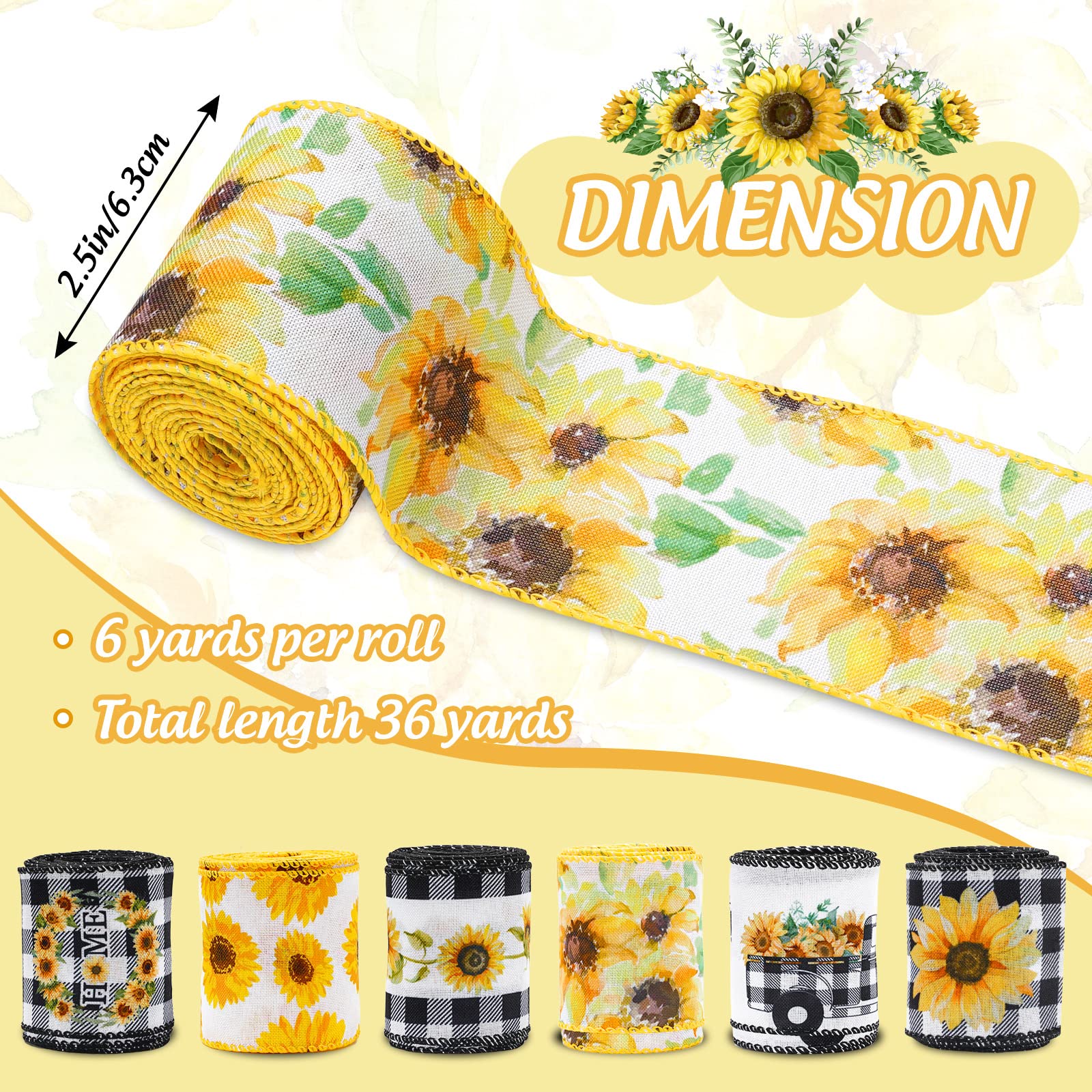 Amazon.com: Whaline 36 Yard Sunflower Wired Edge Ribbon 6