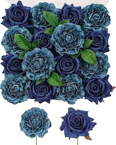 TINGE TIME 16 rosas artificiales de seda de aspecto real, mezcla de color azul, rosa falsa con tallo para ramos de boda, centros de mesa de