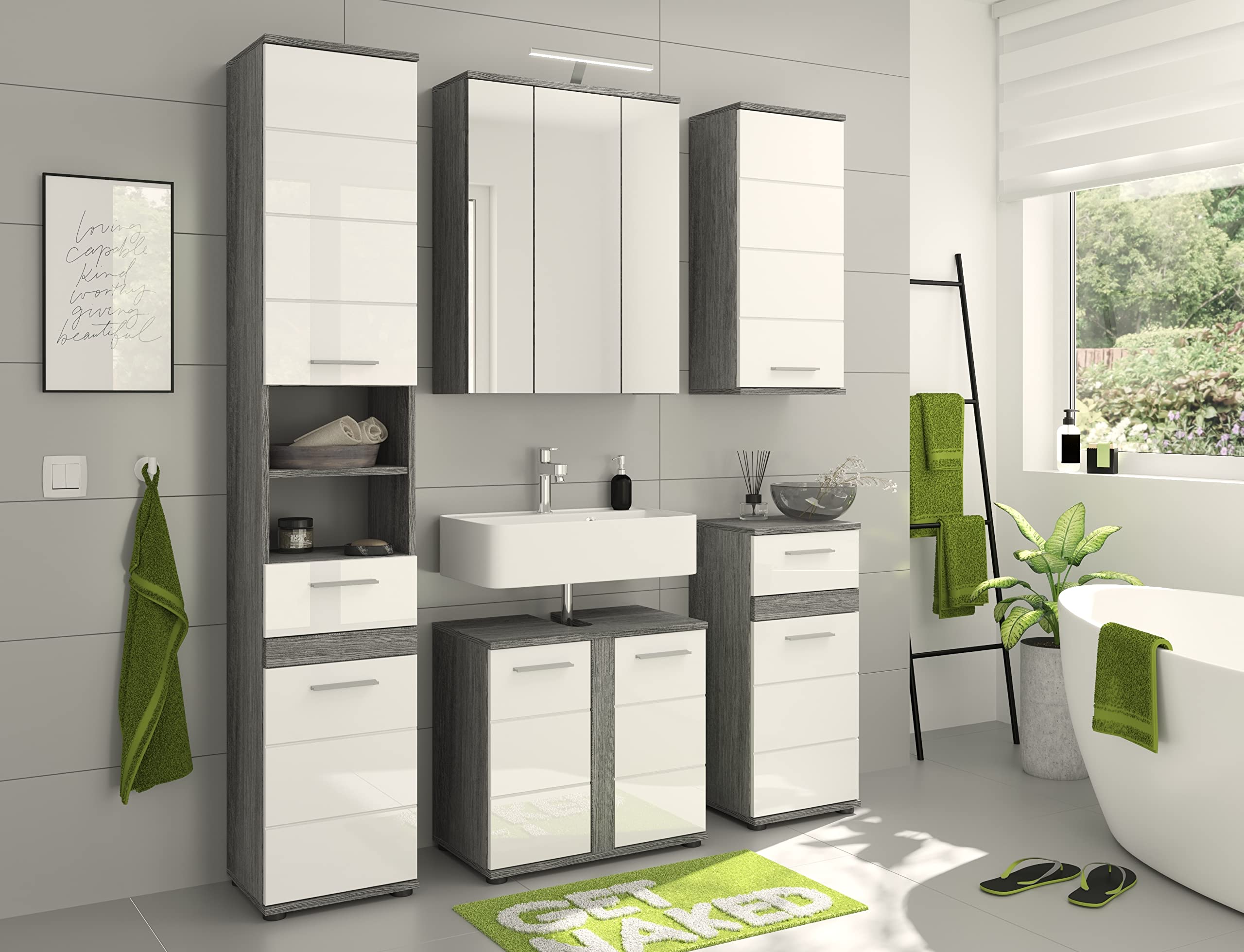 xonox.home Badezimmer Blake 3tlg. Kombination Badmöbel Set Set für kleine Bäder Komplettprogramm Badezimmer Bademöbel-Set in weiß Hochglanz, rauchsilber Nachbildung