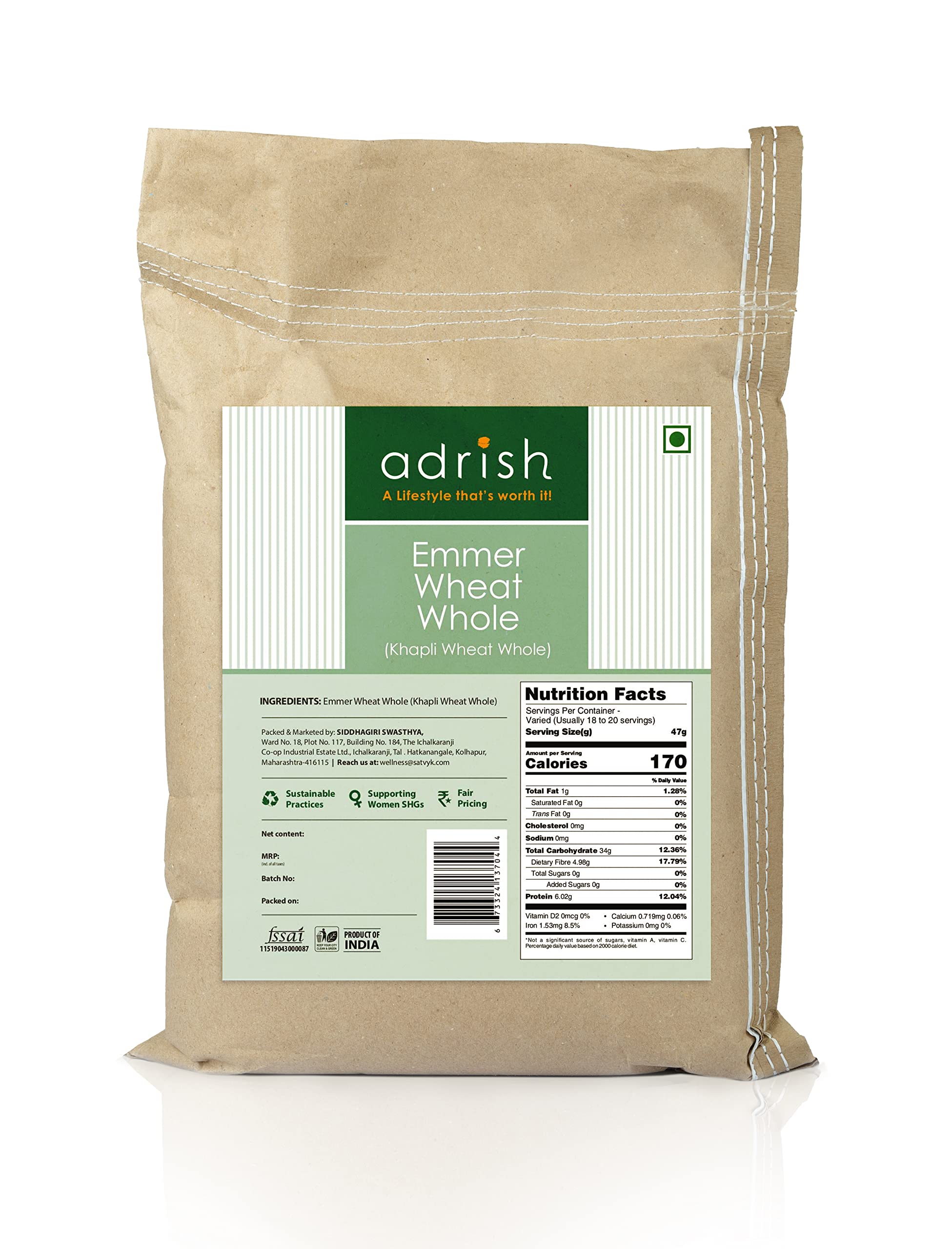 Adrish Zerowaste Organic Khapli Wheat (3kg) - Unpolished Khapli Genhu| Fiber Rich Whole Grain| Emmer Wheat Whole