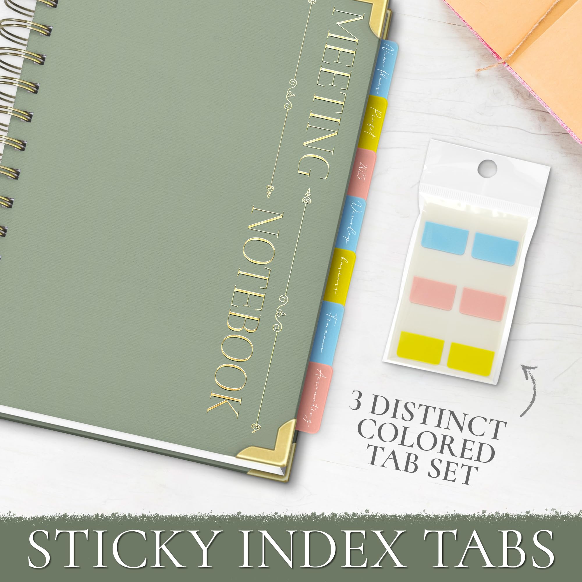 Quaderno per riunioni, include due evidenziatori, giallo, verde per prendere appunti più facili, quaderno per riunioni, include anche linguette adesive, blocco note per lavoro, + 100 pagine [formato