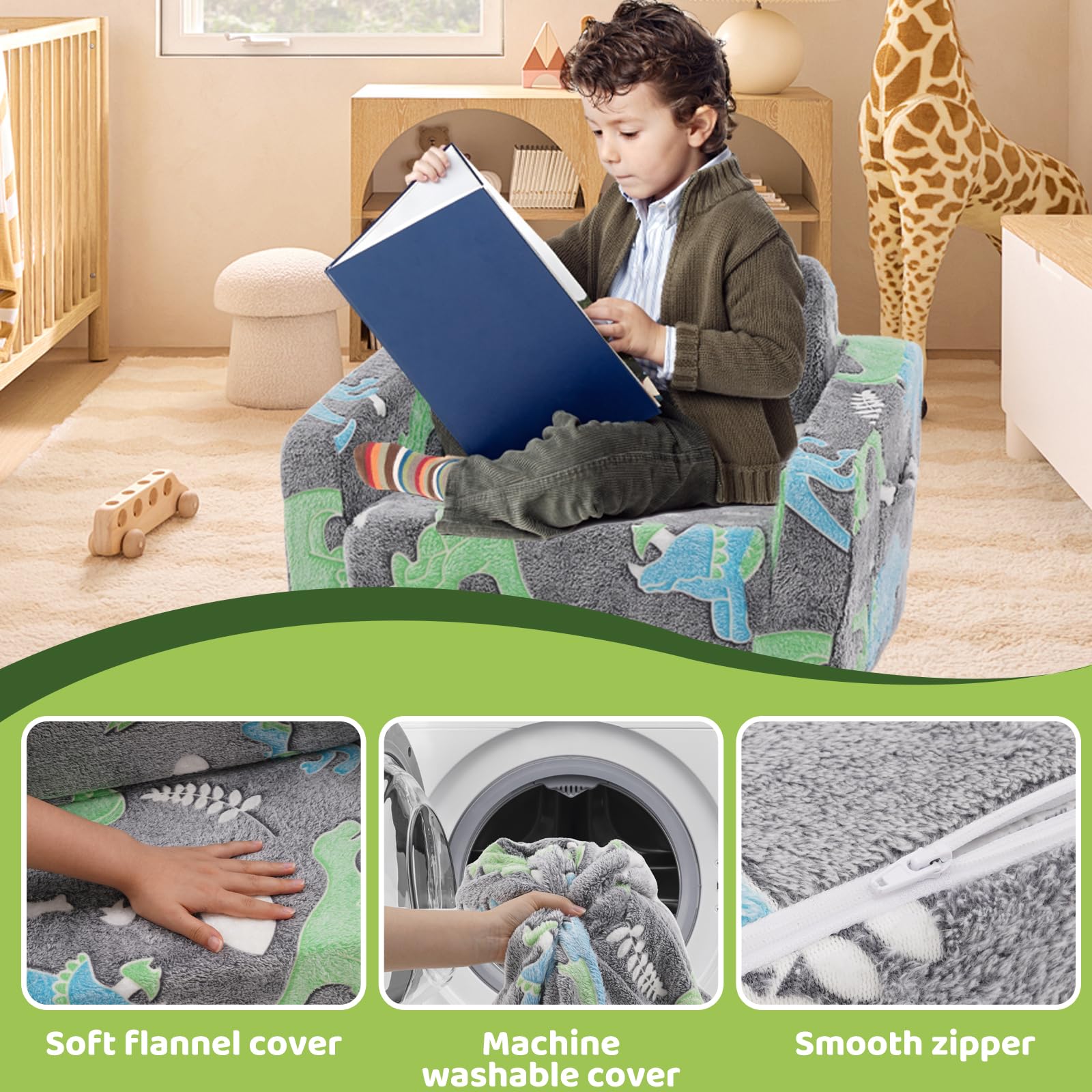 Poltroncina bambini, 2 in 1 divano per bambini, pieghevole, divano letto, rimovibile e lavabile, mini divano da gioco per ragazzi e ragazze, cameretta dei bambini, motivo dinosauro
