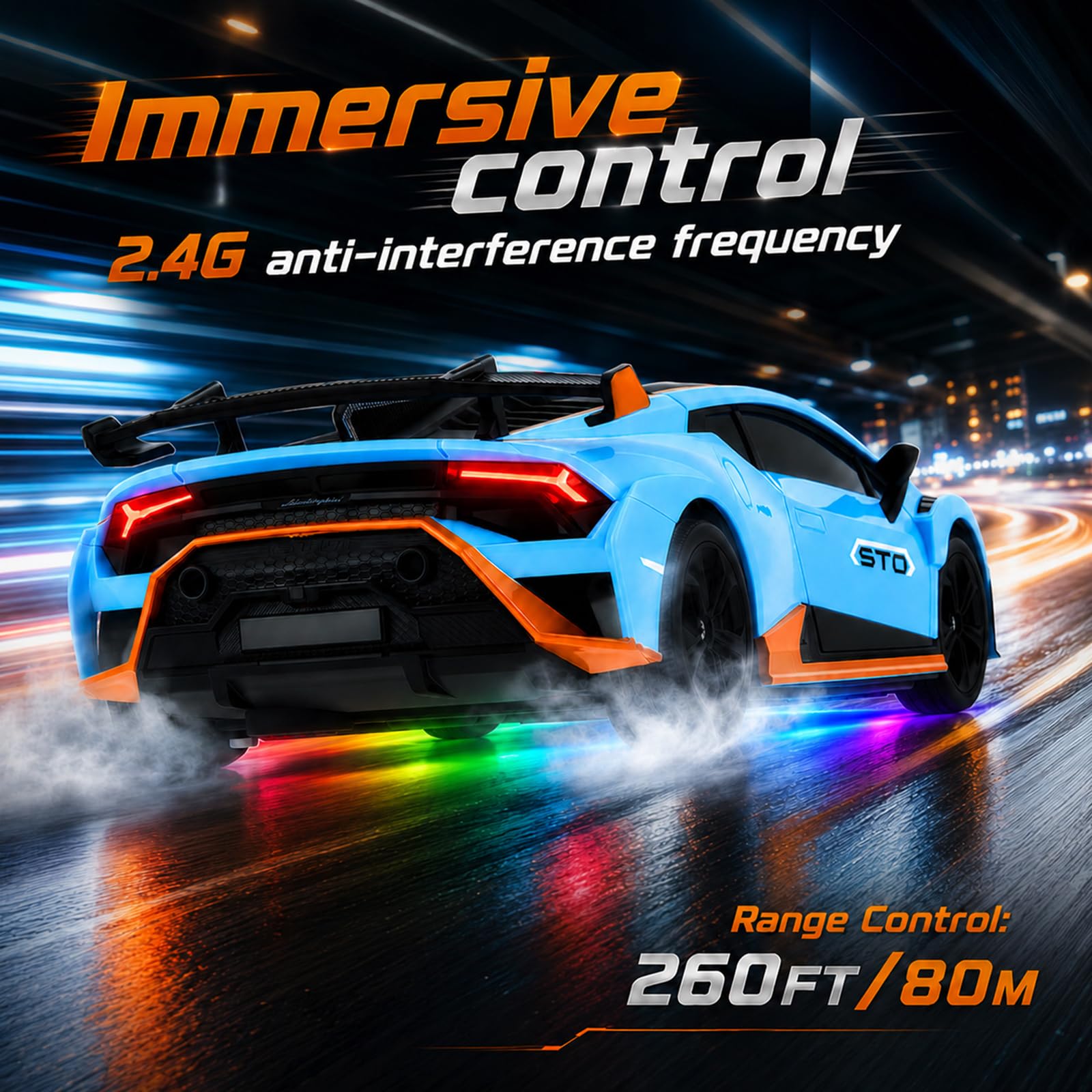 Lamborghini - Auto telecomandata, 1:24 ad alta velocità, con valvola a farfalla completamente proporzionale e luci LED, corsa 25 km/h, auto Lamborghini RC Drift per ragazzi dai 6, 7, 8, 9, 10, 11, 12