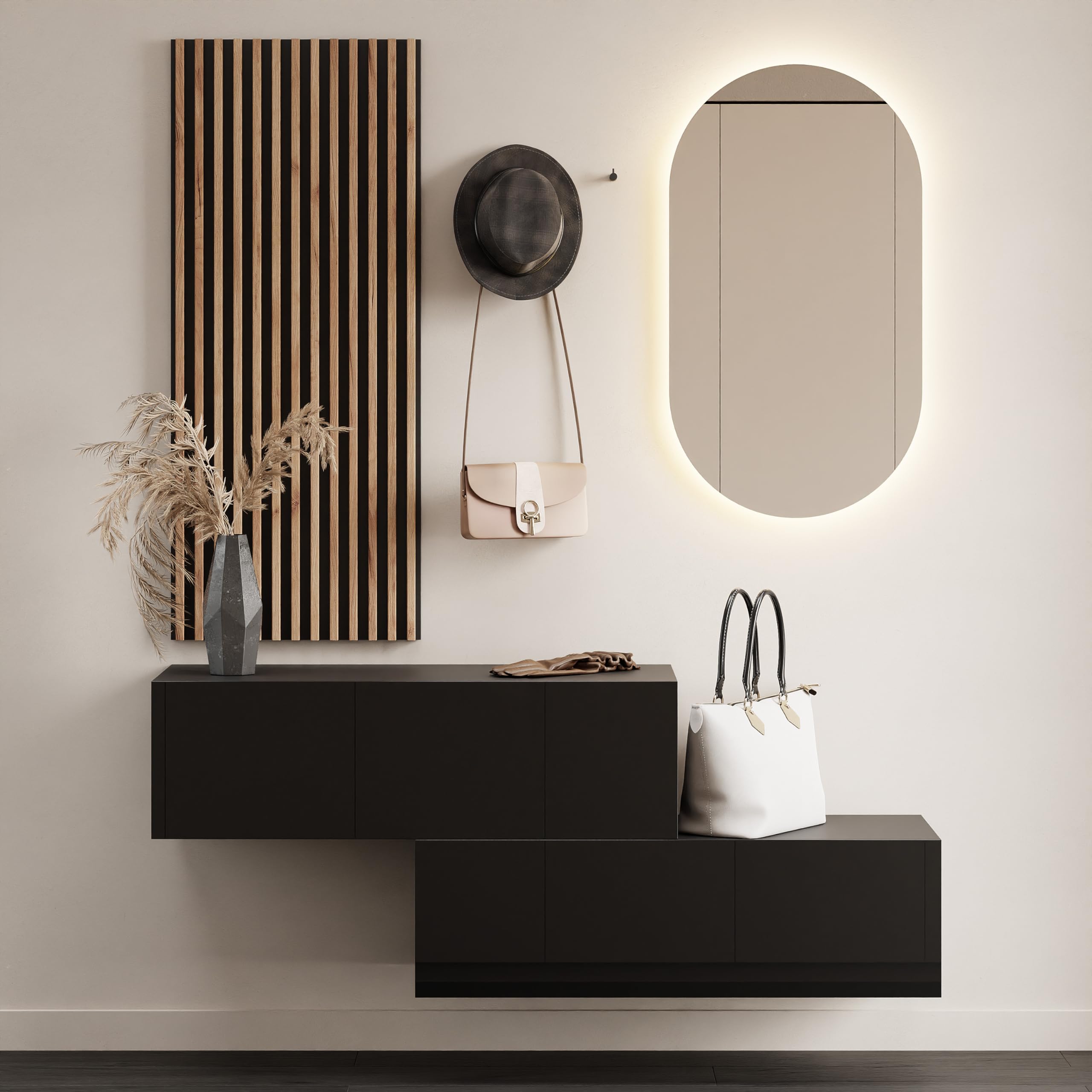 Planetmöbel - Mobile da ingresso, 2 x 100 cm, nero. pannello da parete 50 cm, rovere dorato/antracite, specchio da 50 cm (senza LED), 32,5 x 100 x 37,8 cm (A x L x P)