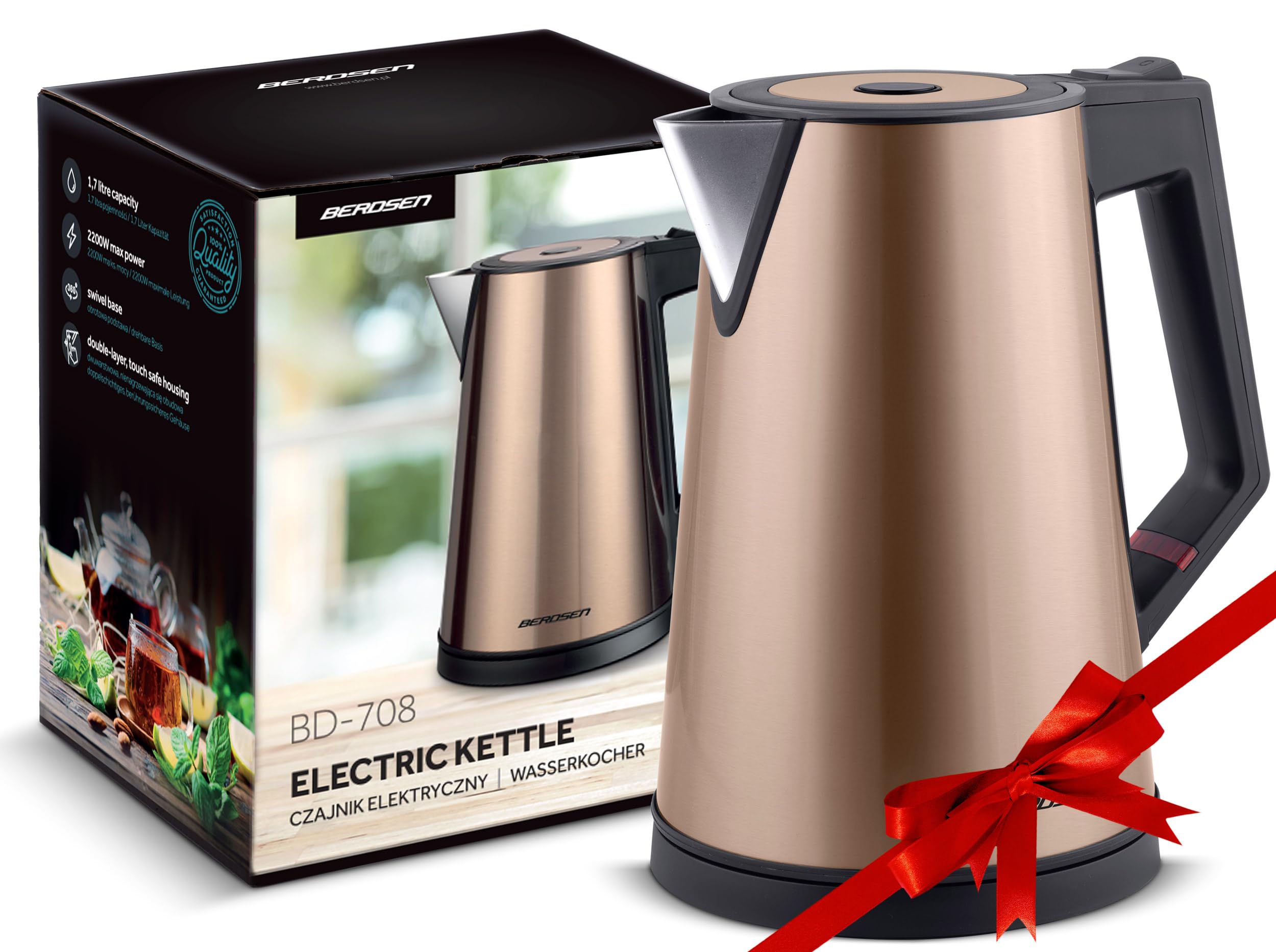Berdsen Hervidor eléctrico, acero inoxidable, capacidad de 1,7 l, función de conservación caliente, 2200 W, base de pirueta de doble pared, hervidor eléctrico, silencioso, dorado