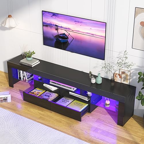 Miniatura 10 de Uspeedy Soporte de TV de 70 pulgadas para TV de 7580 pulgadas, moderno soporte de TV LED para sala de estar, soporte de TV negro, centro de