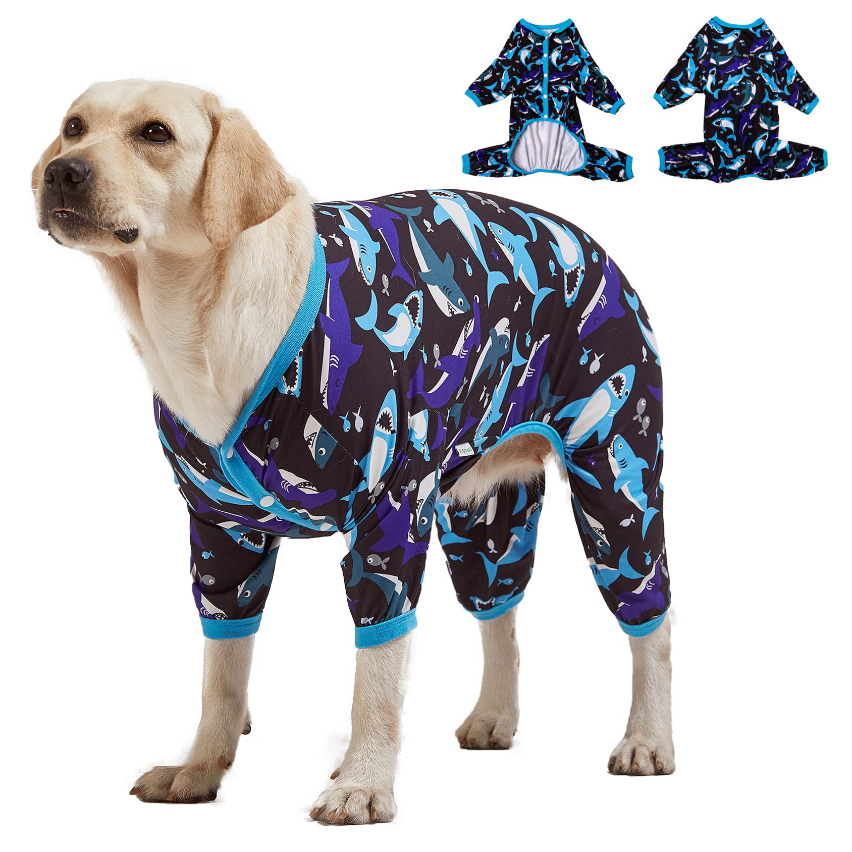 LovinPetDog Pajamas For Large Dogs/Big Bites Shark Black Prints/Lightweight Big Dogs Pullover, Full Coverage Large Breed Dog Pjs/Large Dog Jamammies