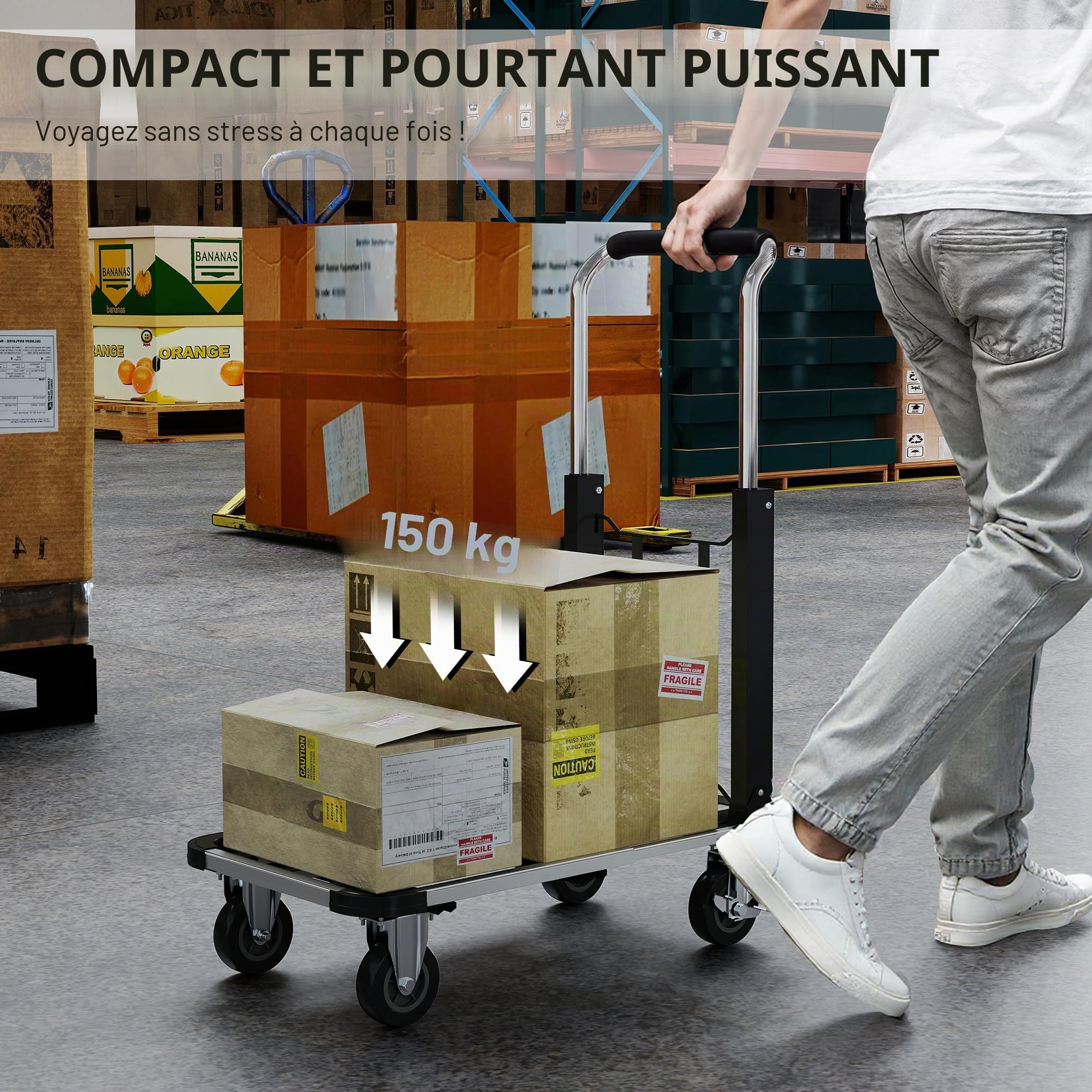 HOMCOM Chariot de transport pliable 150 kg avec frein de stationnement, plate-forme extensible et poignée réglable, aide au transport avec roulettes pivotantes, argenté