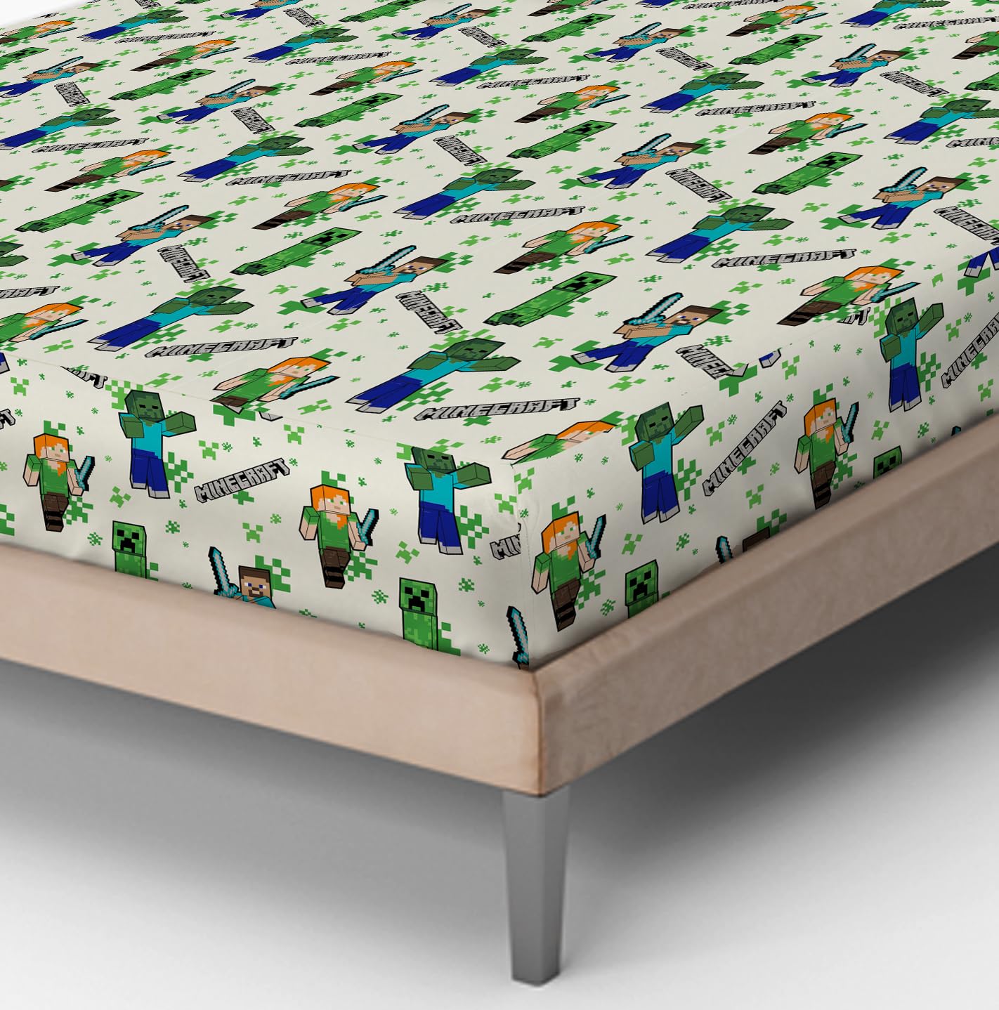 Minecraft - Juego de sábanas para Cama Individual, sábana encimera, sábana Bajera Ajustable, Funda de Almohada, Verde, 100% algodón, Producto Oficial