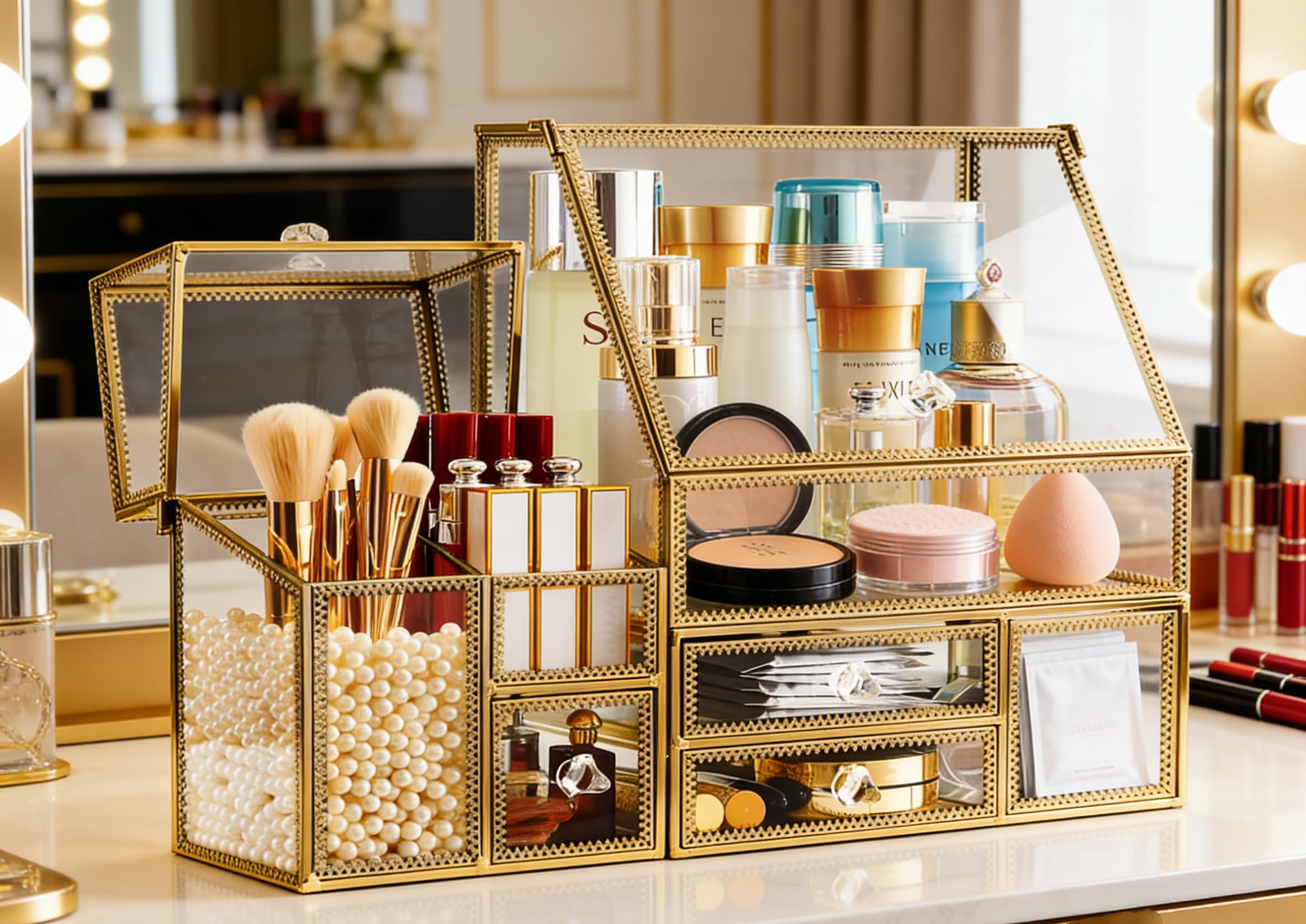 Hersoo Luxuriöser stapelbarer Glas-Kosmetik-Organizer, 3-teiliges Set, langlebig, bruchsicher, handgefertigtes Design für hochwertige Badezimmer- und 