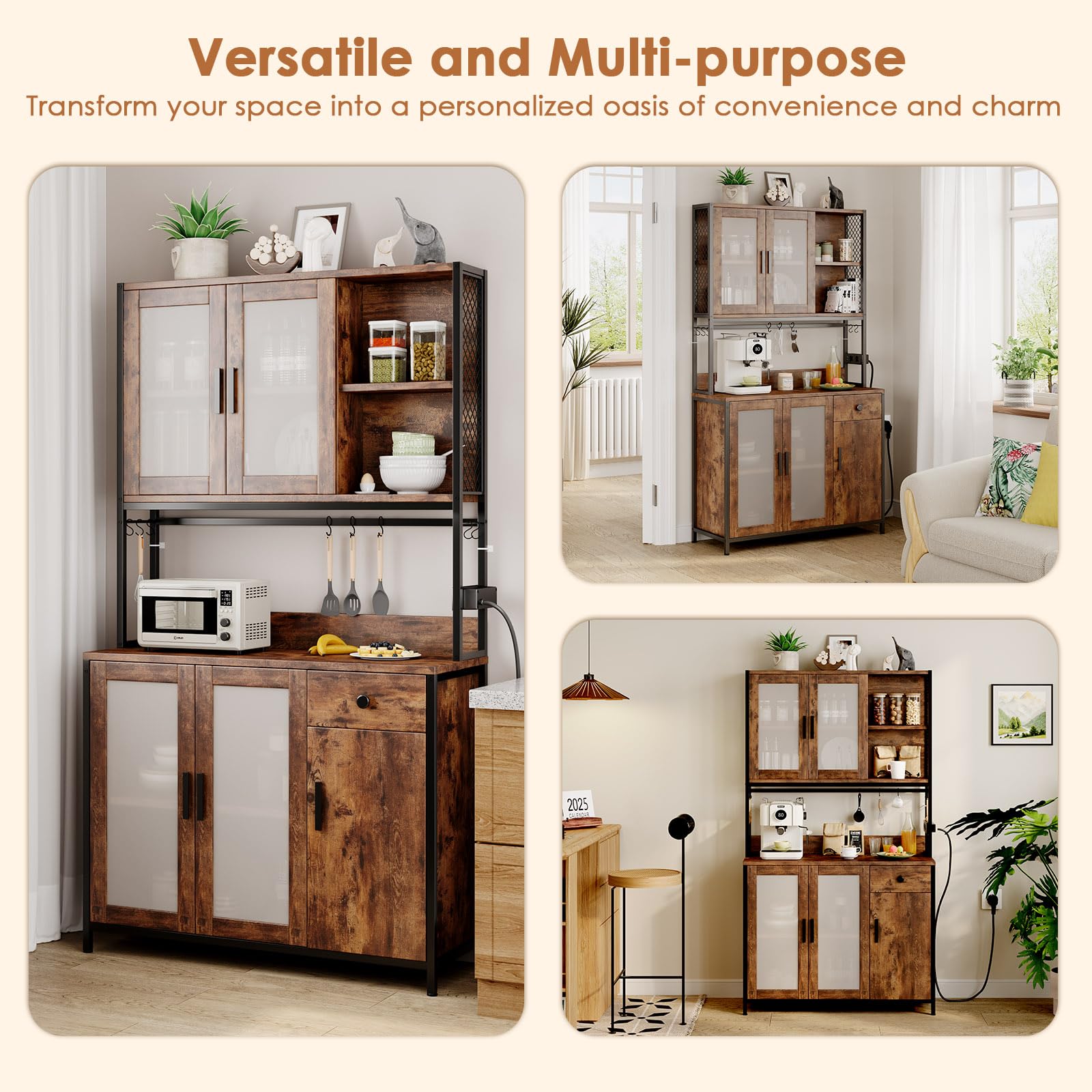 Dripex Küchenschrank 181cm Hoher Buffetschrank mit Arbeitsplatte, mit Steckdosen, Vorratsschrank Küche mit 5 Türen und eine Schublade, Hochschrank Küche für Wohnzimmer Esszimmer Bar, Industrie-Design