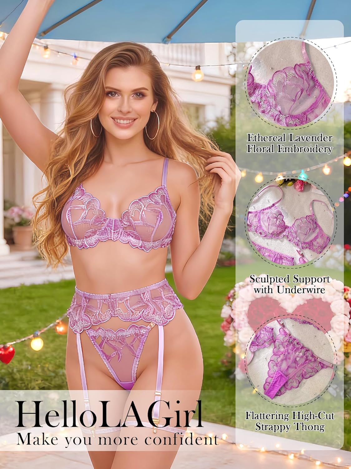 HELLOLAGIRL Sexy Lingerie Set for Women,Lace Womens Lingeries flower Chain Lingerie 3 Piece with Garter Belt